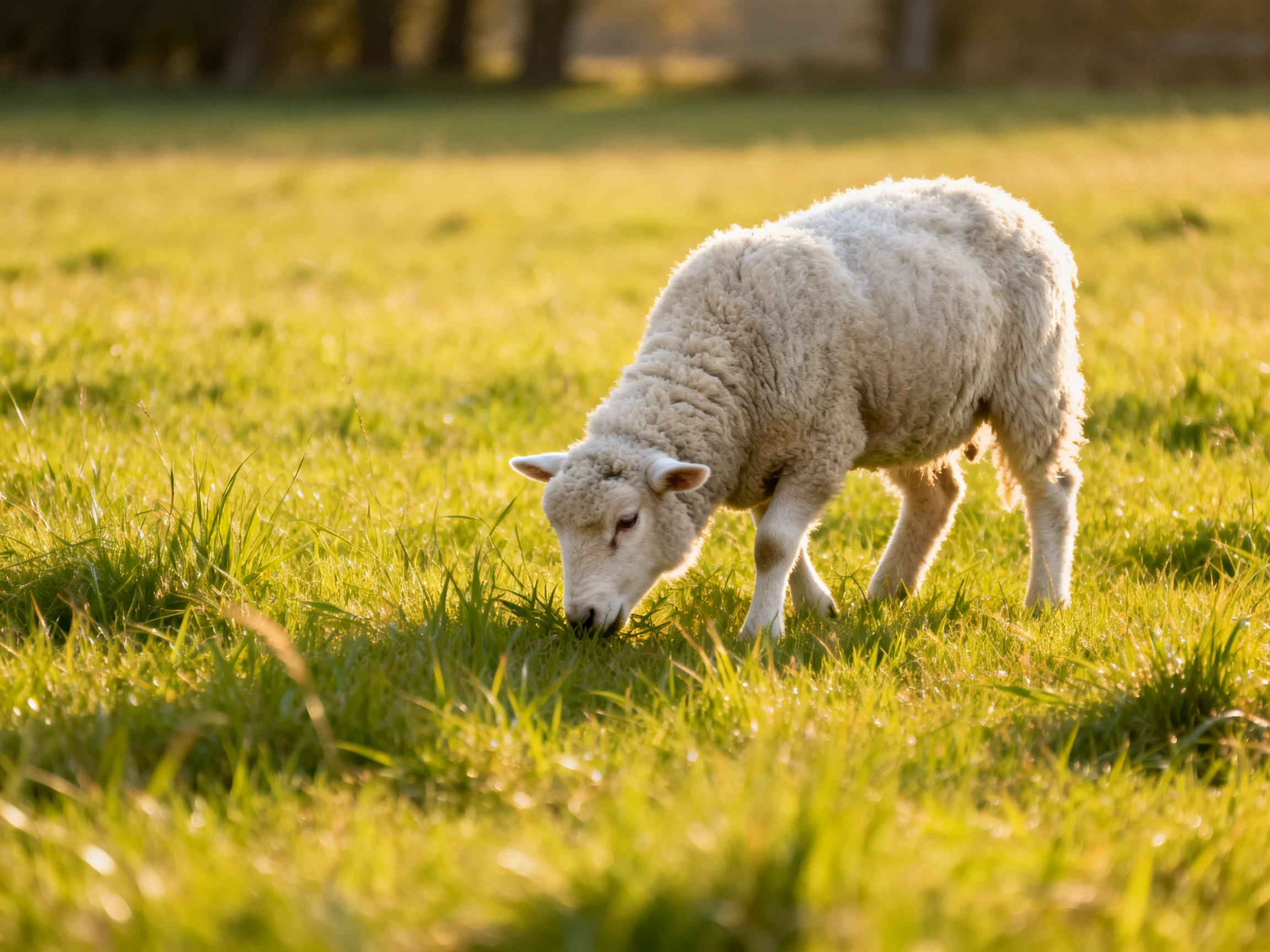 A fluffy white lamb grazing in sunlit green meadow