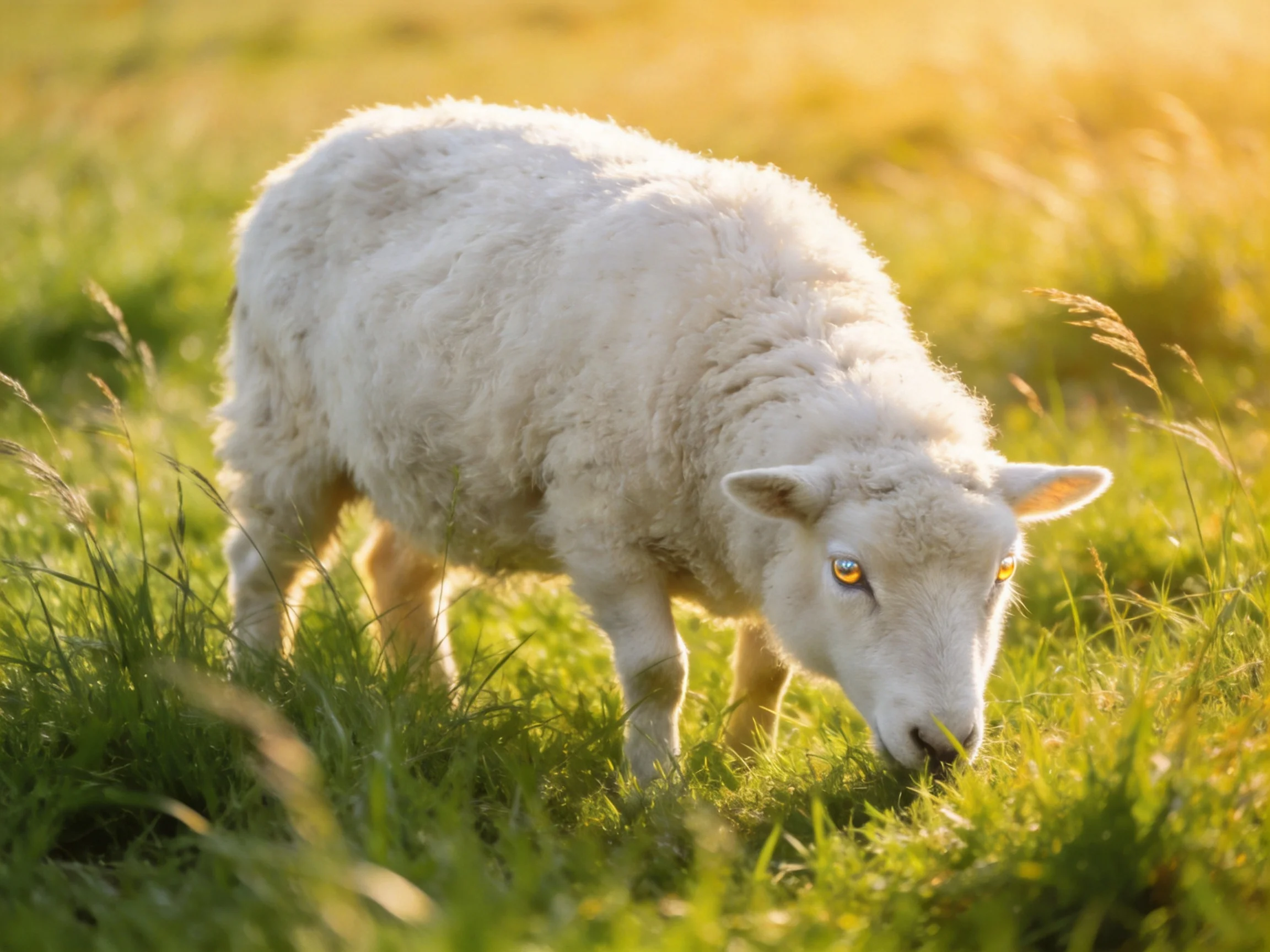 A fluffy white lamb grazing in sunlit green meadow