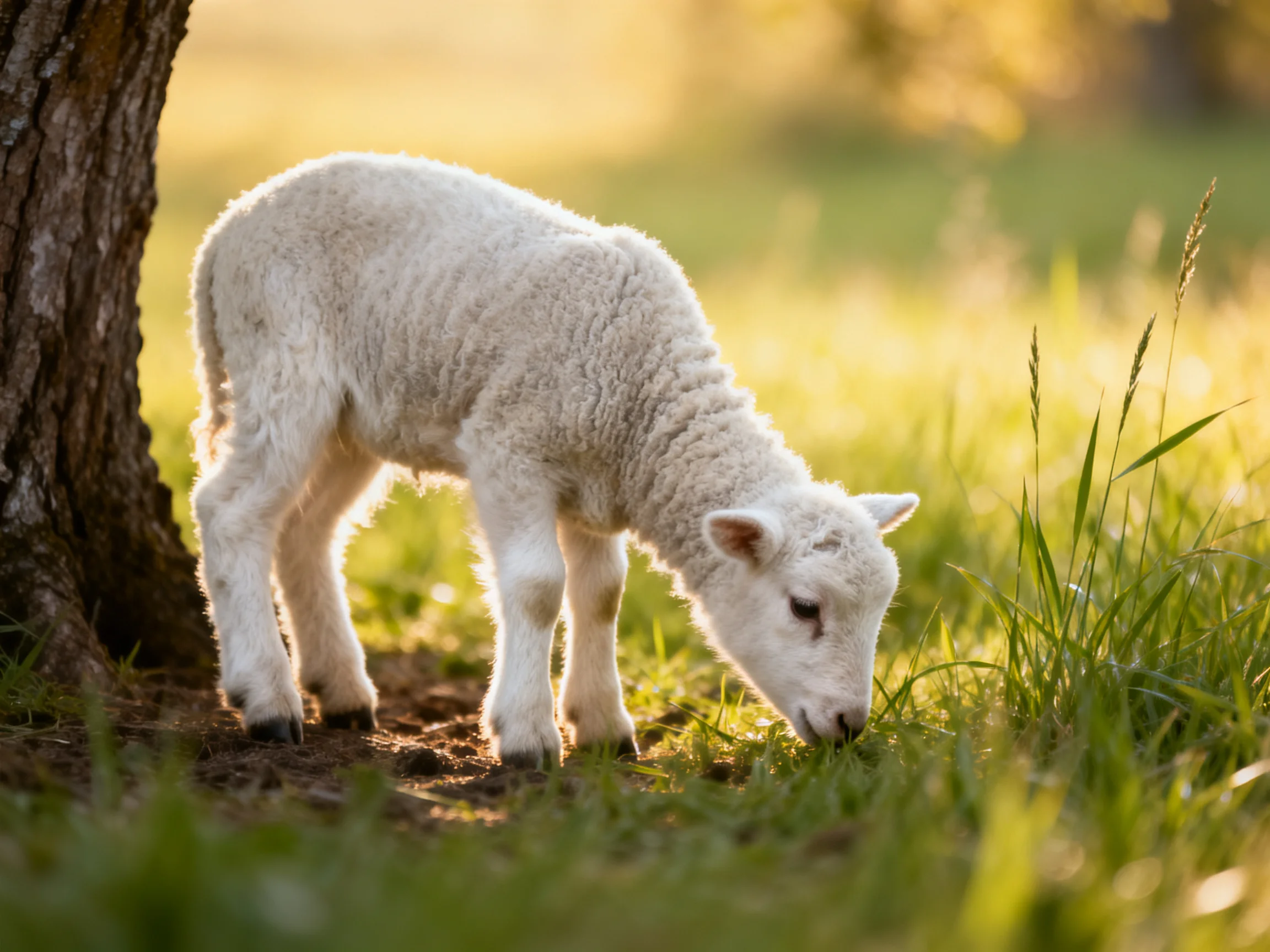 A fluffy white lamb grazing near a tree in a sunlit field