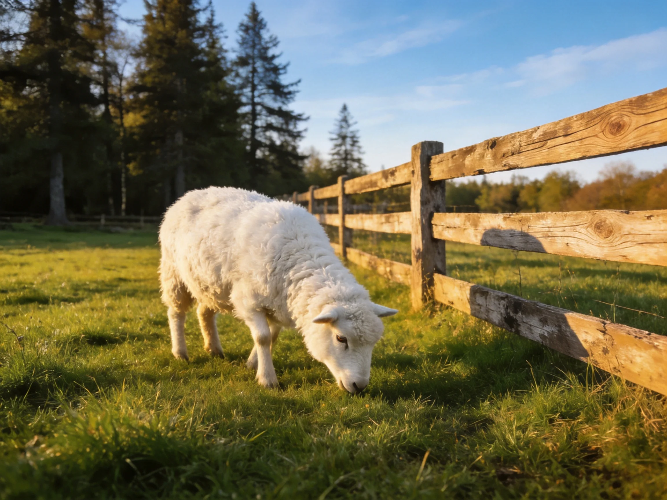A fluffy white lamb grazing near a weathered wooden fence