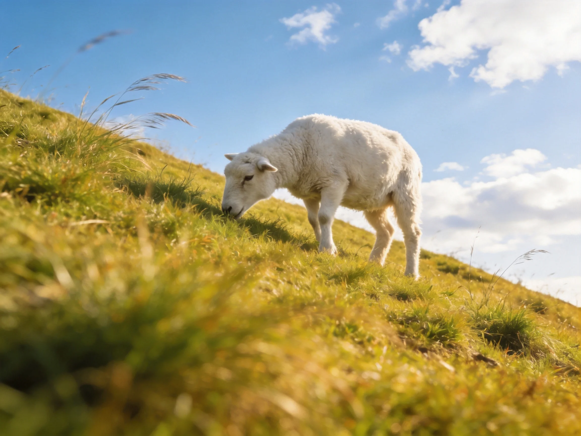 A fluffy white lamb grazing on a green hillside under blue sky