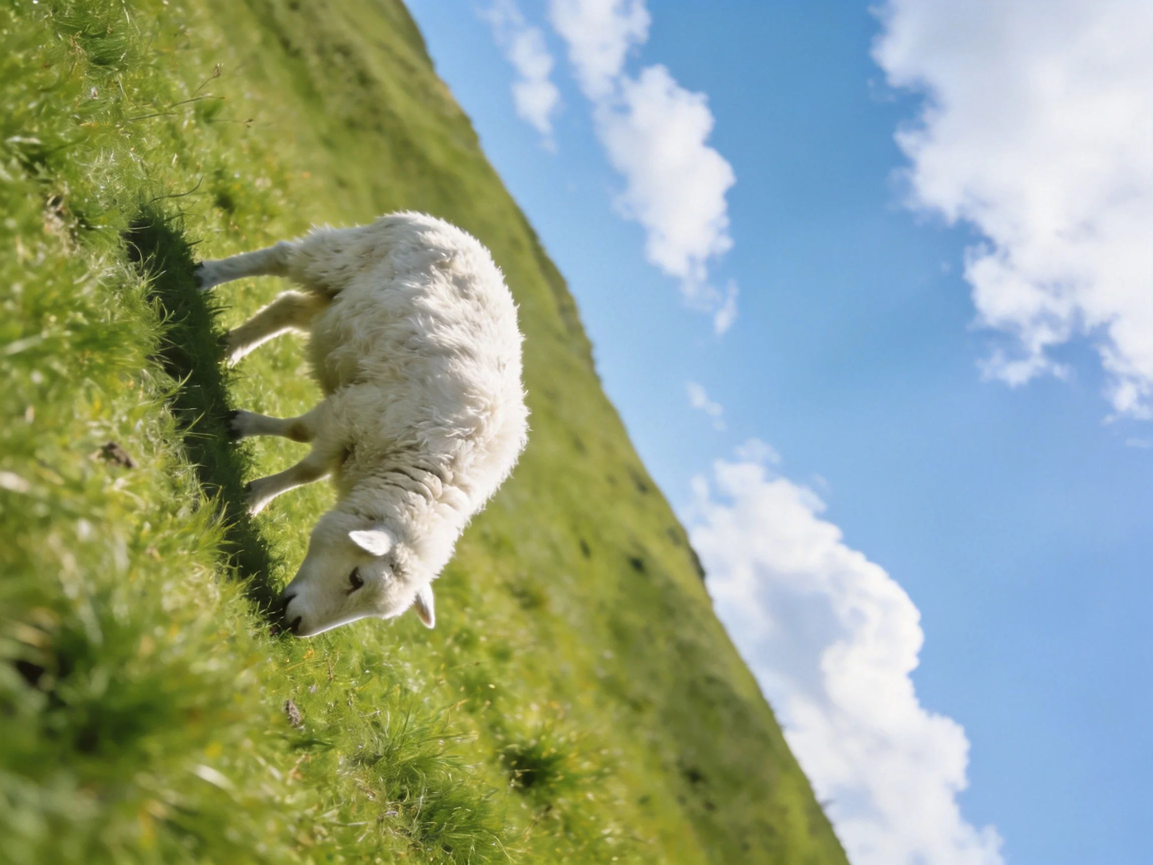 A fluffy white lamb grazing on a lush green hillside under bright blue sky