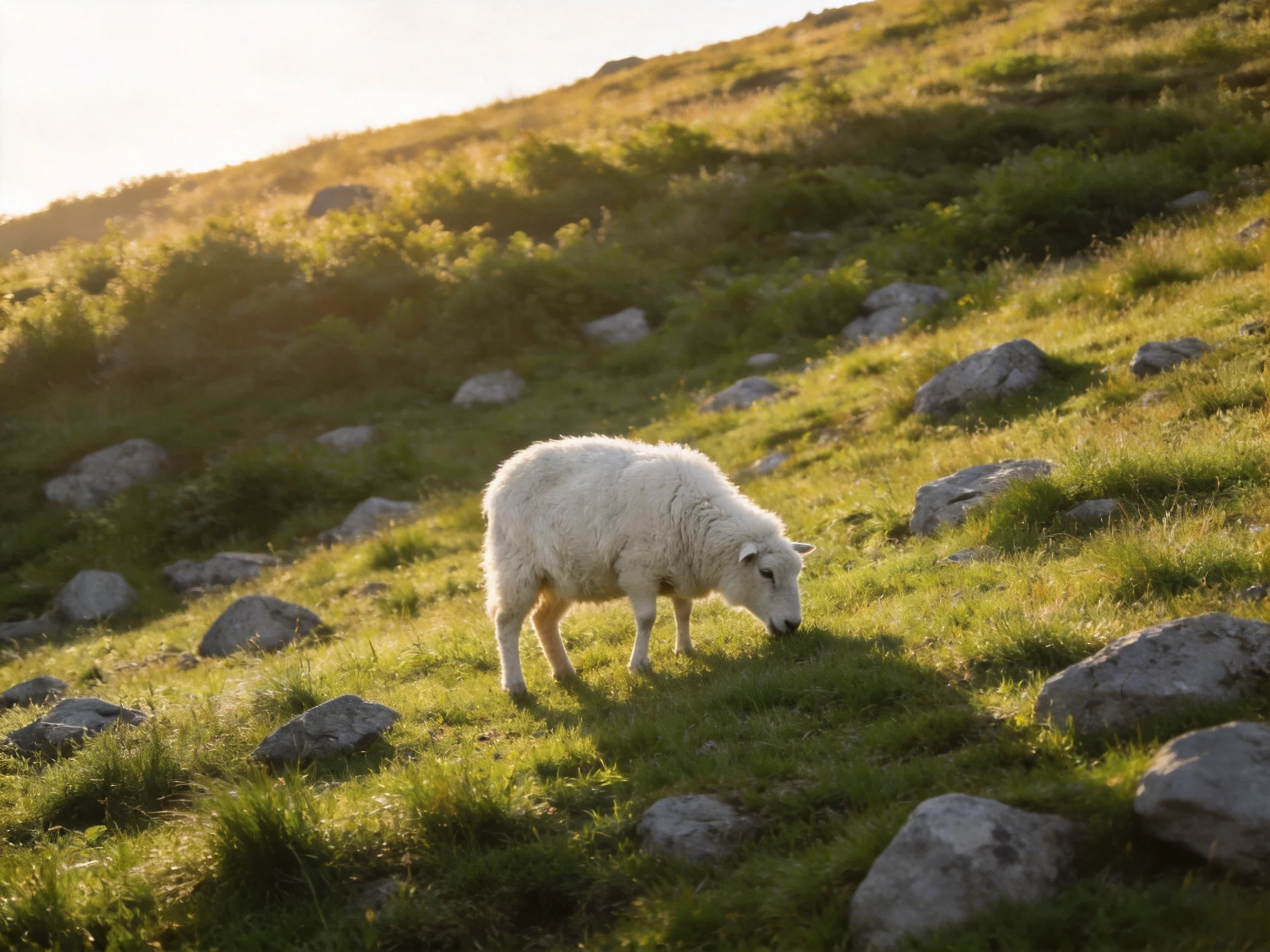 A fluffy white lamb grazing on a rocky green hillside under golden sunlight