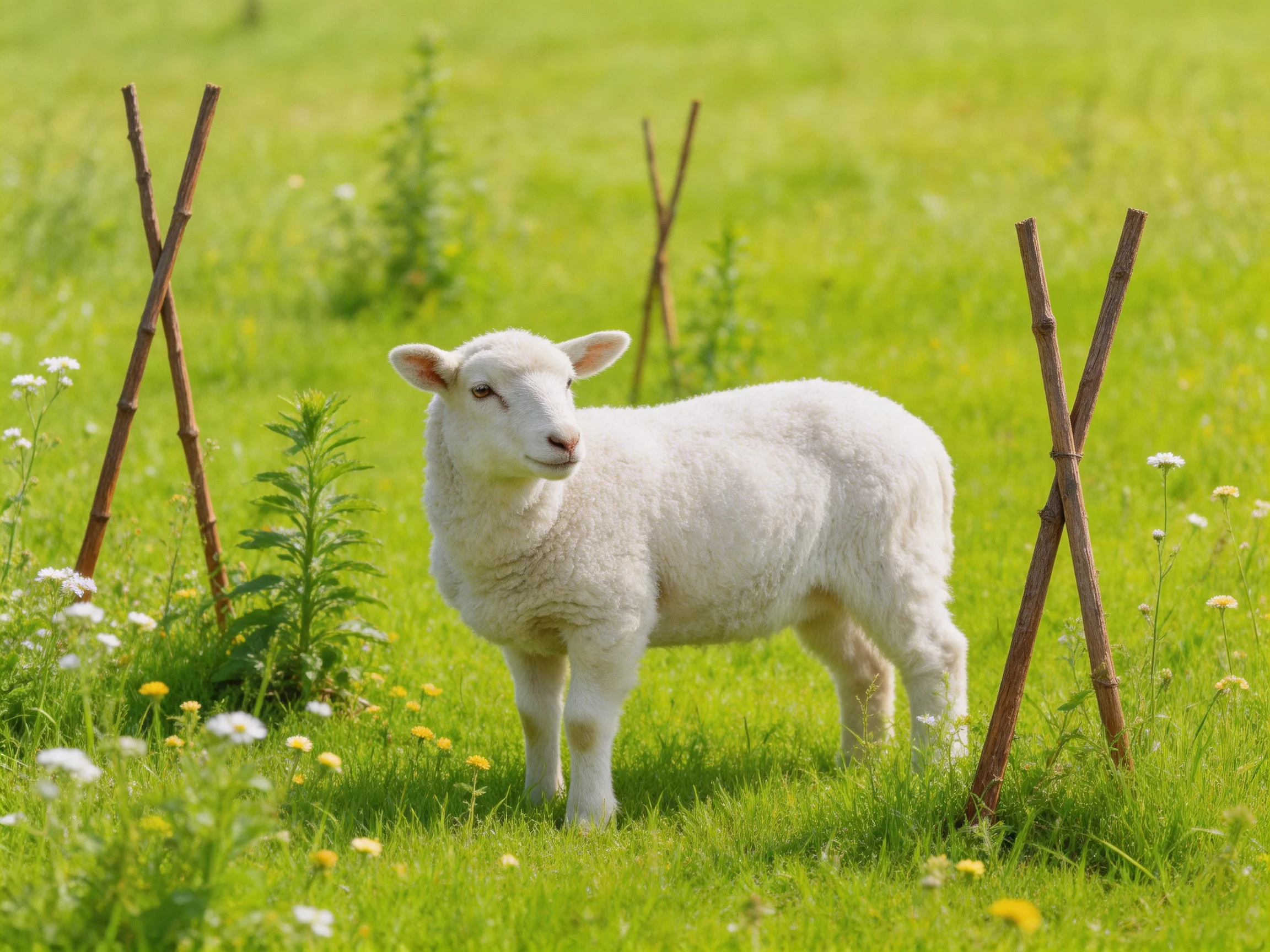 A young sheep stands in a sunny meadow with wooden posts and wildflowers.