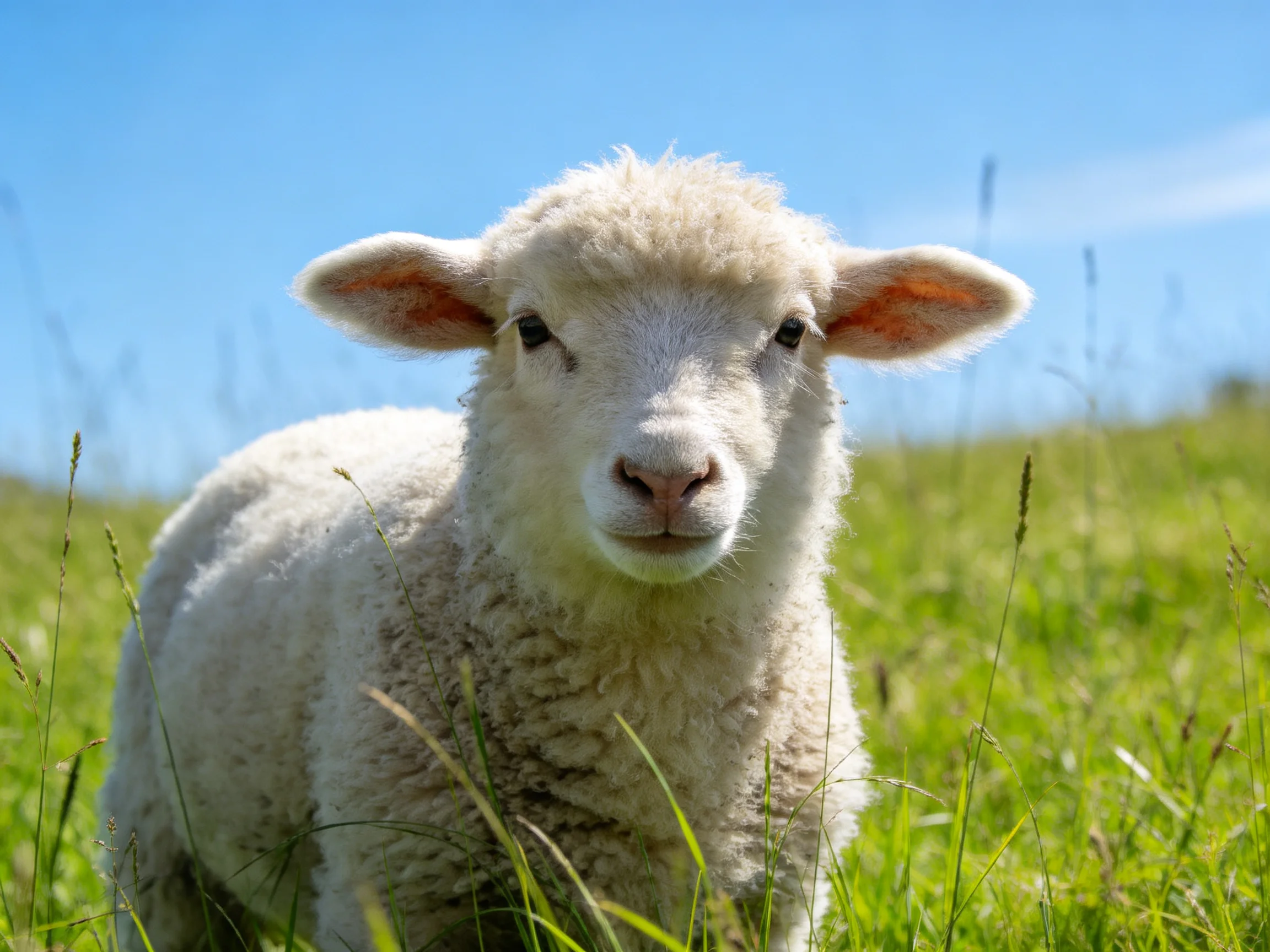 A young sheep with soft wool relaxes in a sunny grassy area.