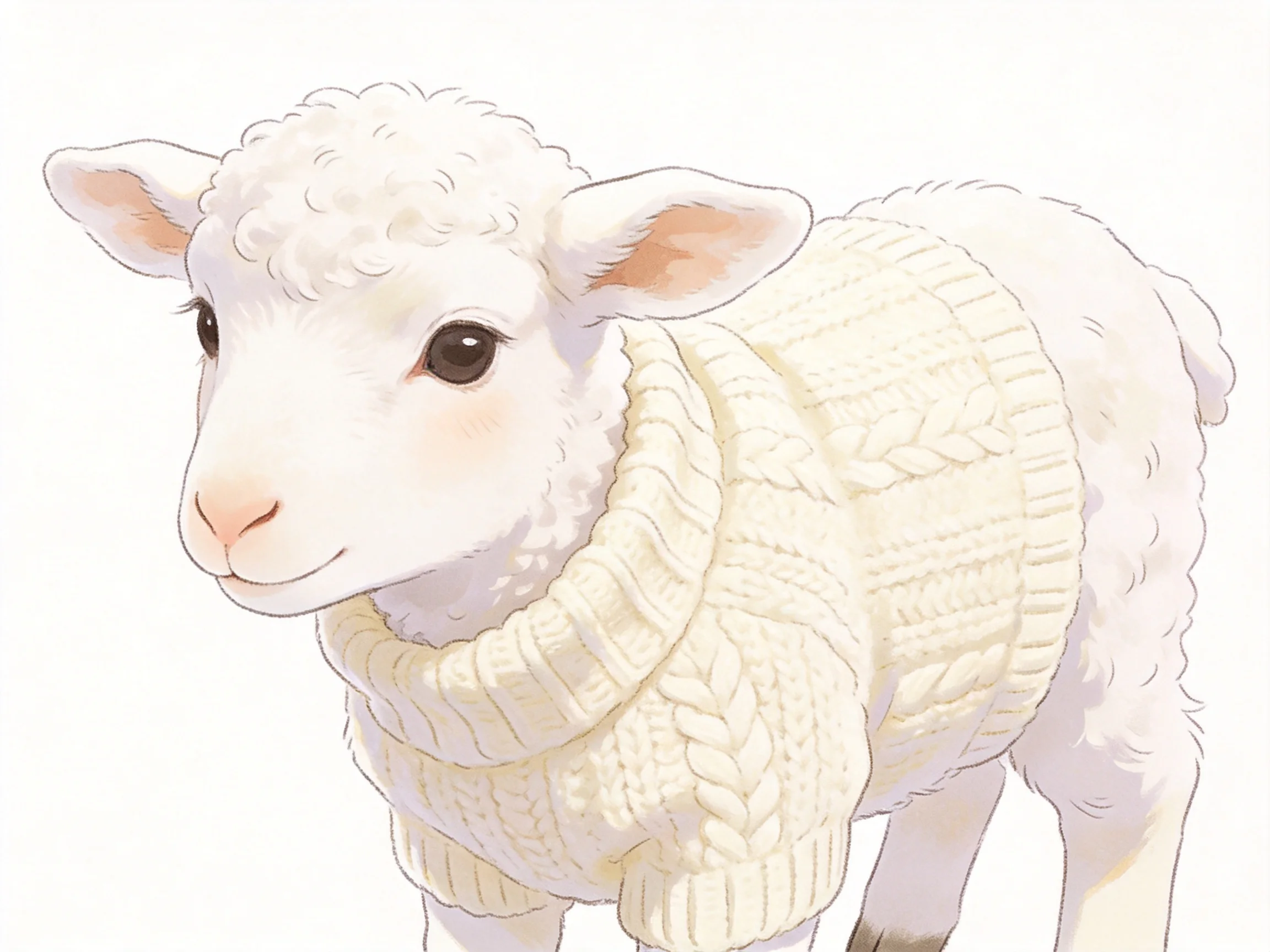 A fluffy white lamb in a cream cable - knit sweater
