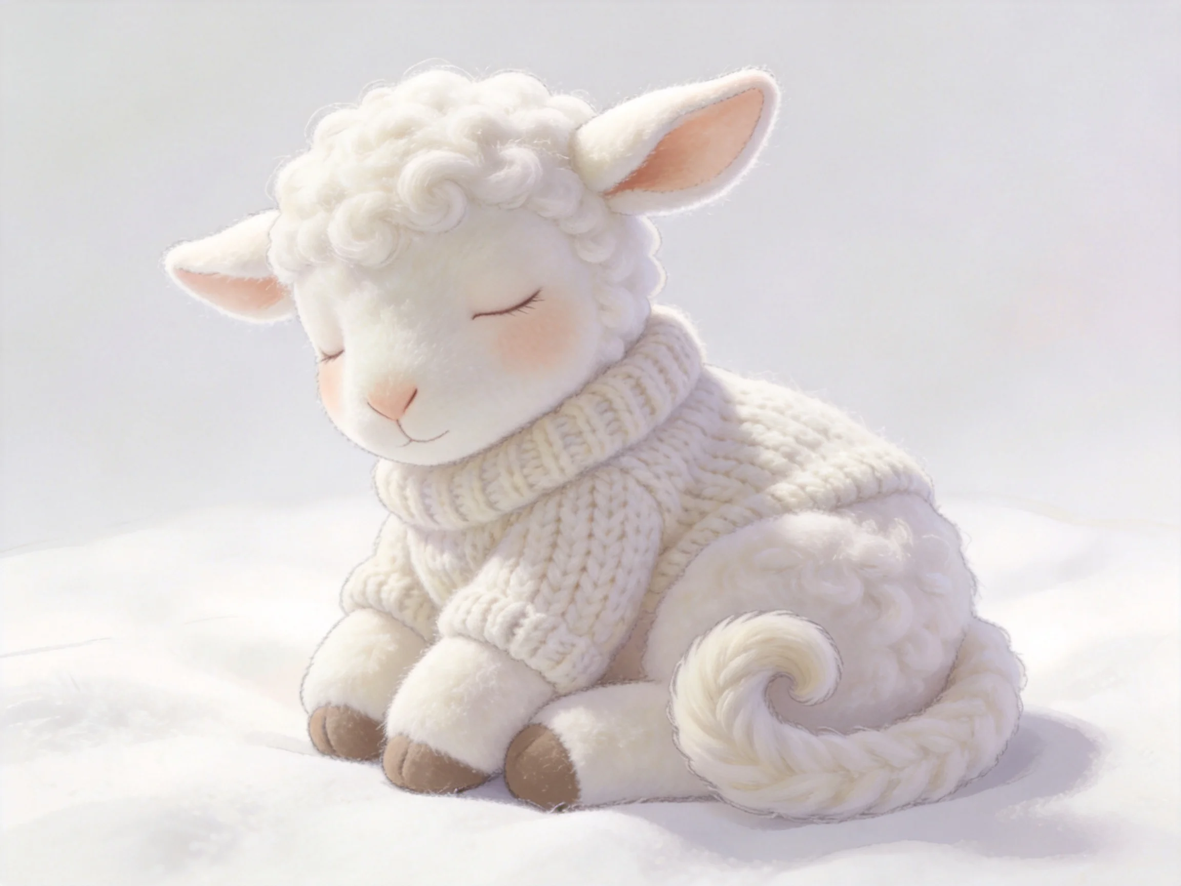 A fluffy white lamb in a cream knit sweater