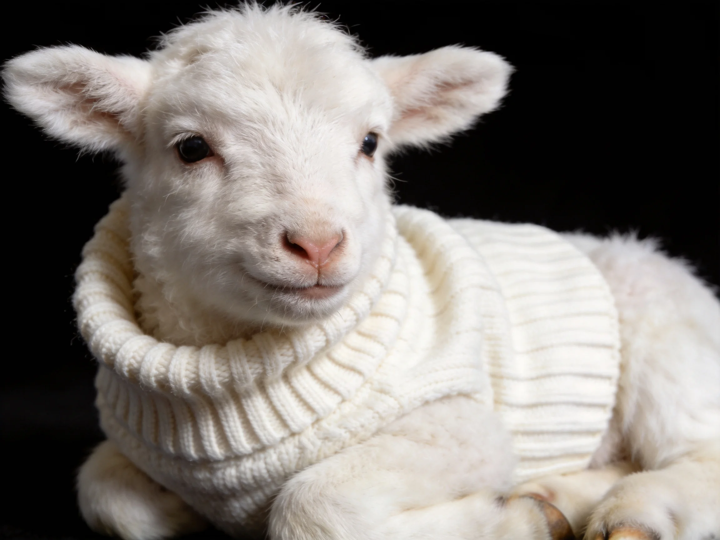 A fluffy white lamb in a cream knit sweater on a black background