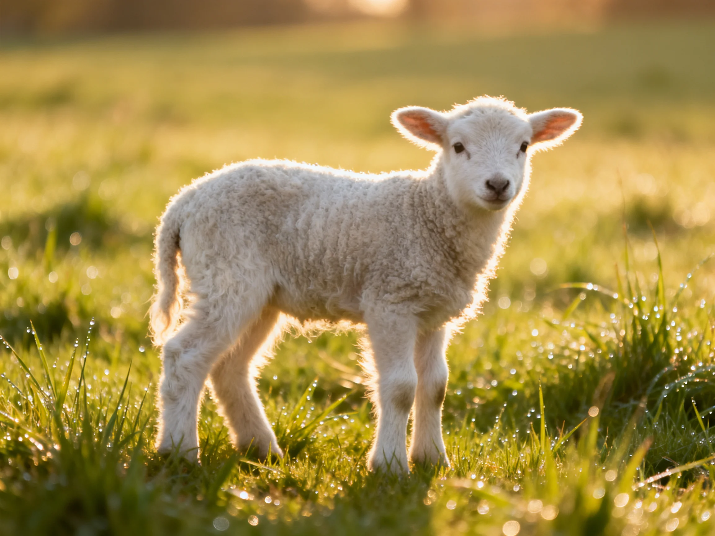 A fluffy white lamb in a dewy green meadow