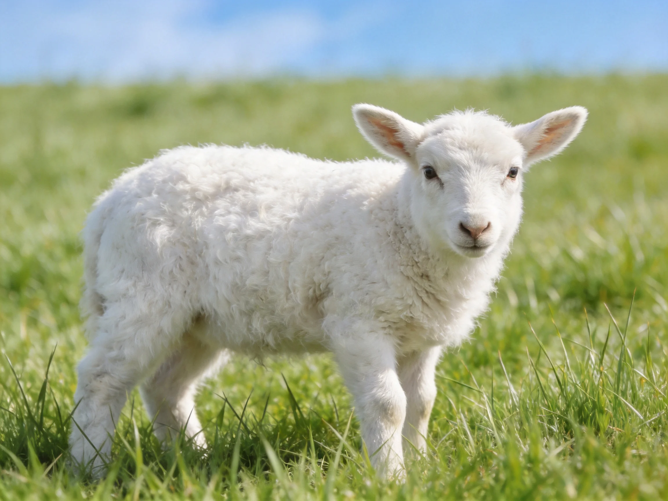 A young white lamb stands in a green grassy field.