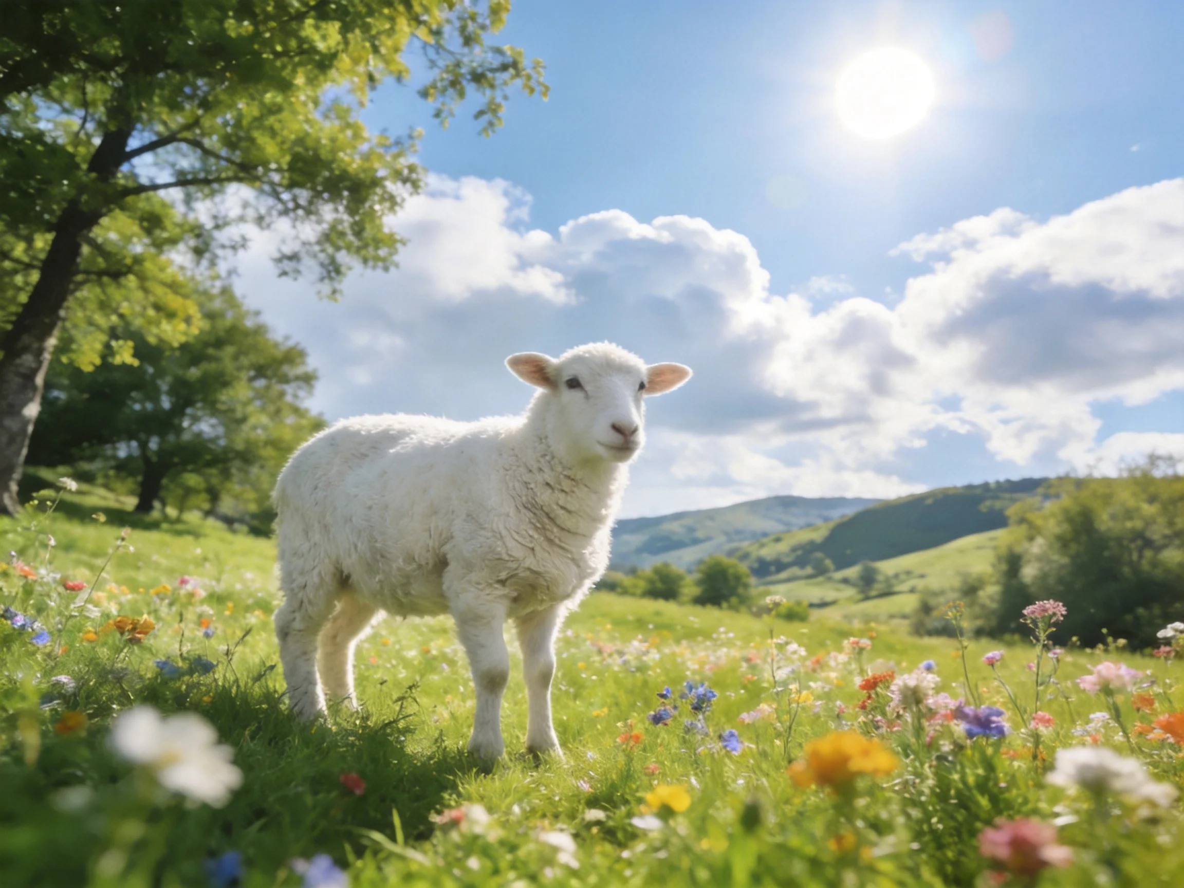A fluffy white lamb in a flower-filled meadow under sunny skies