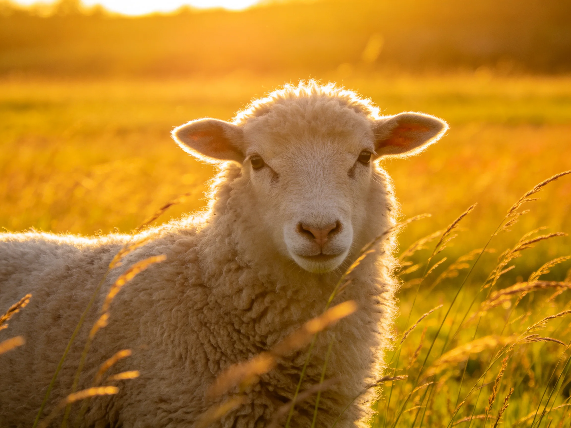 A fluffy white lamb rests in a sunlit golden meadow.
