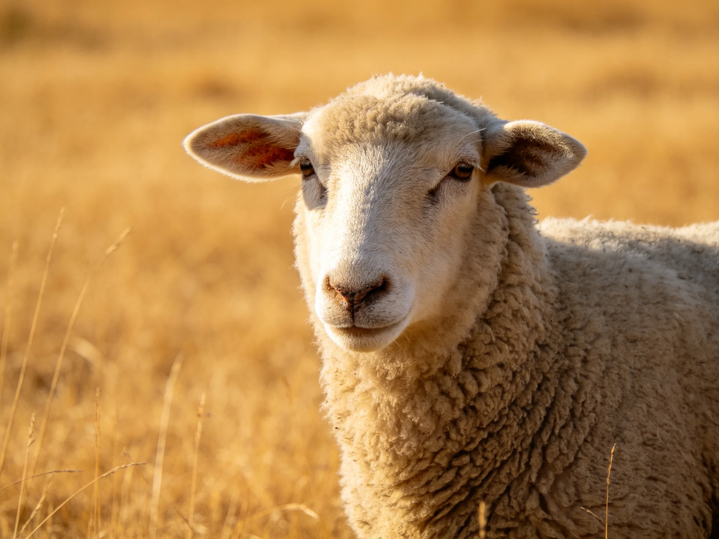 A fluffy white lamb in a golden wheat field