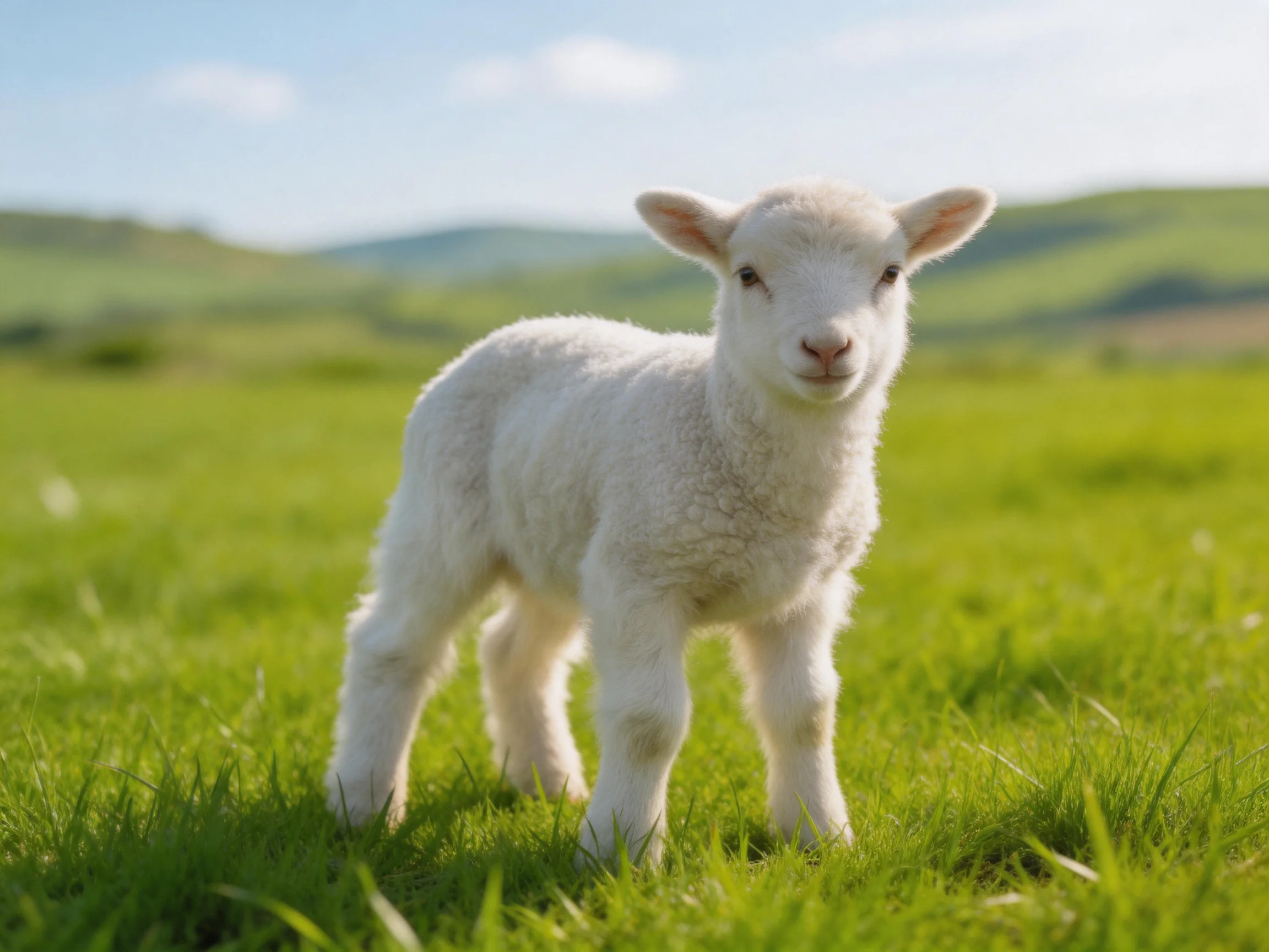 A fluffy white lamb in a lush green meadow
