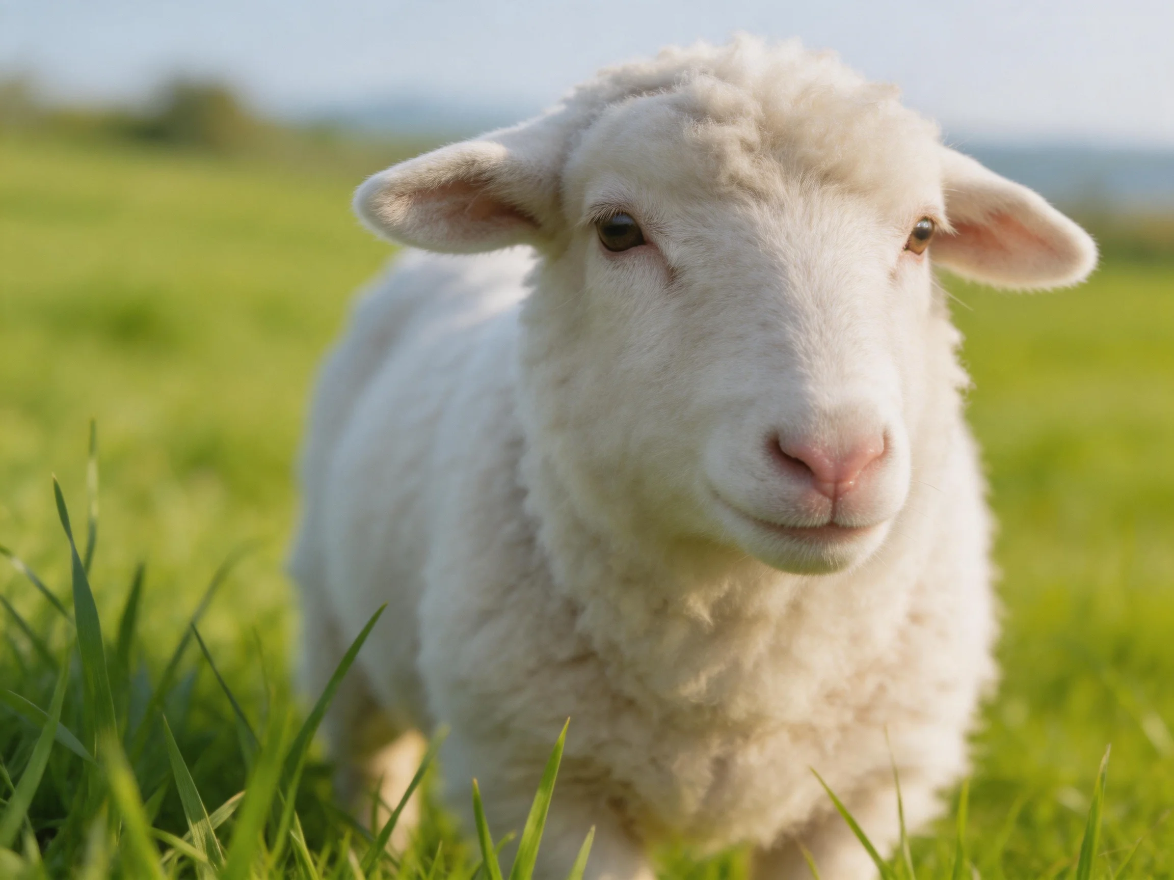 A fluffy white lamb stands peacefully in a sunlit green pasture.