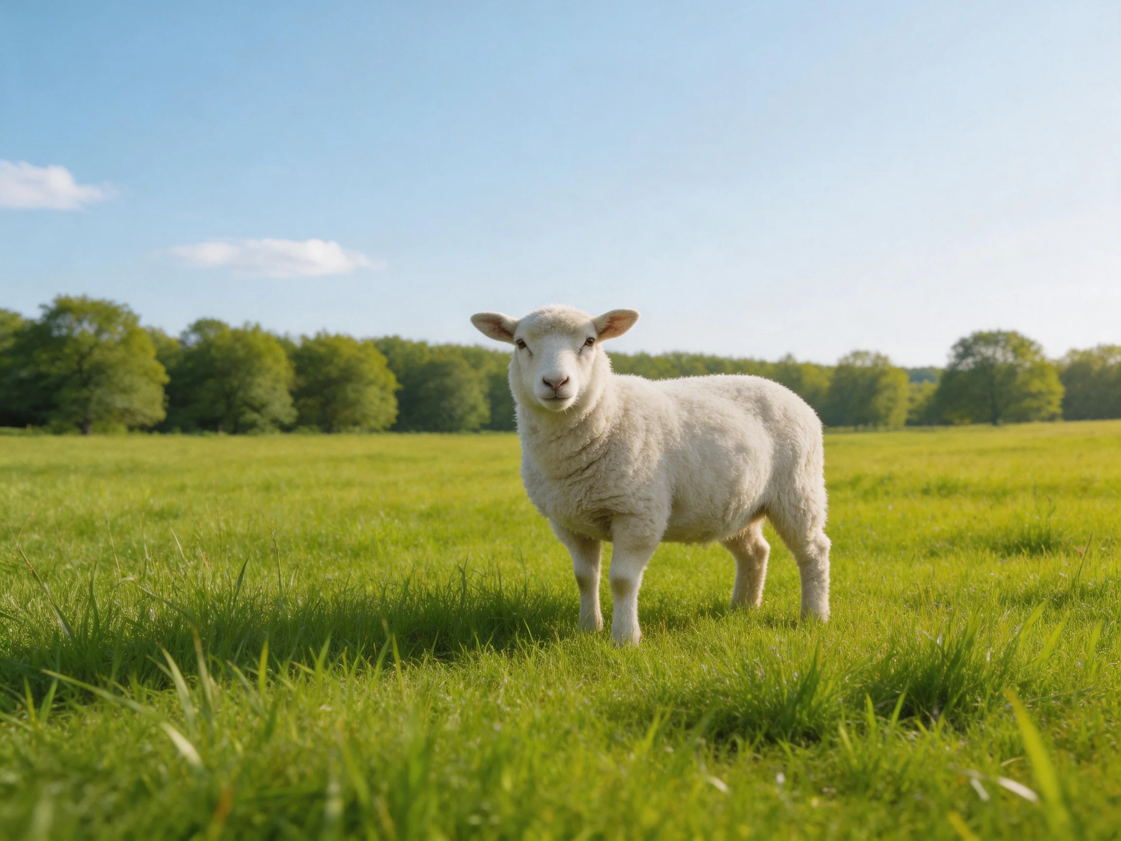 A fluffy white lamb in a lush green meadow near trees