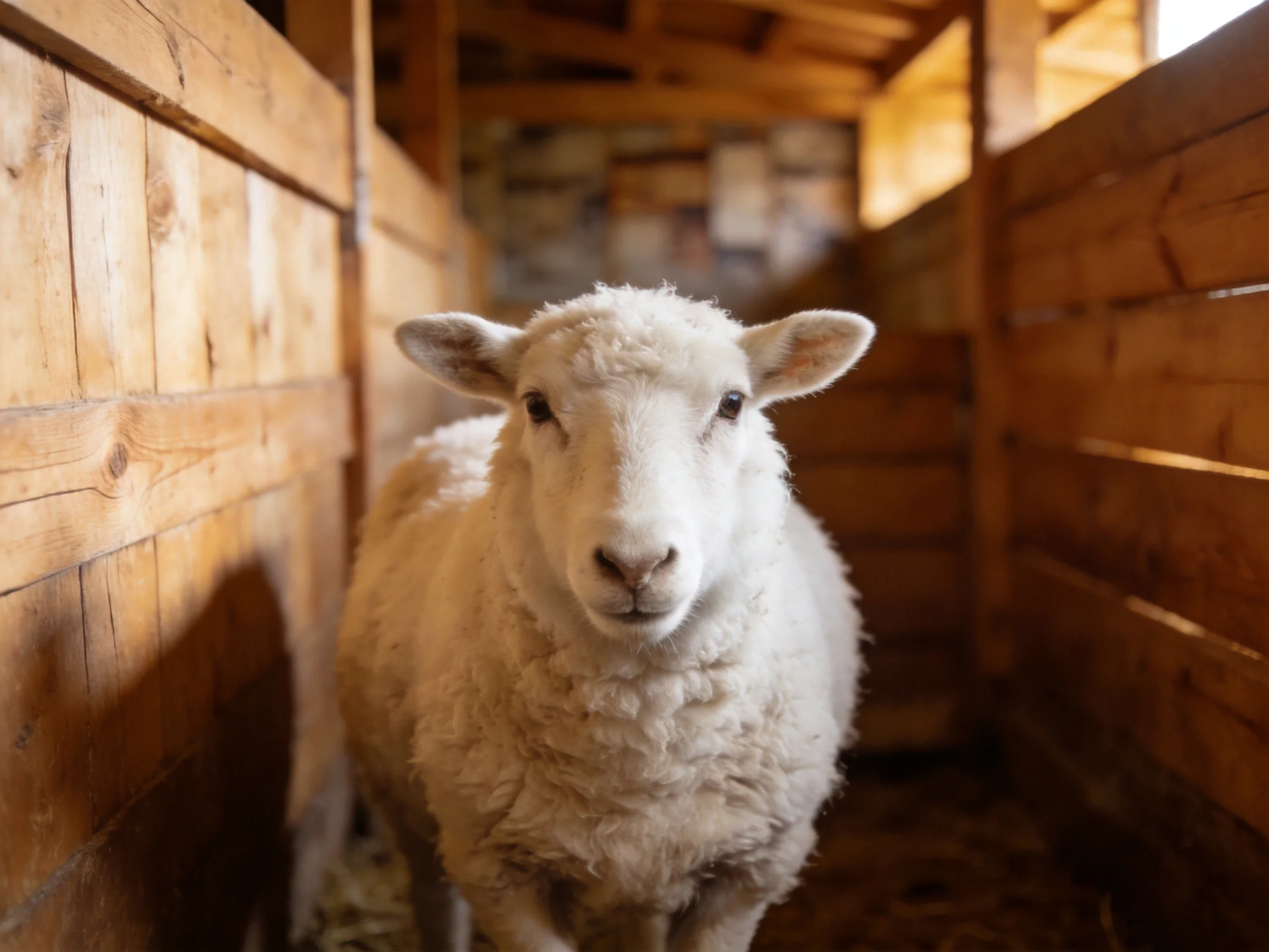 A fluffy white lamb in a rustic wooden barn