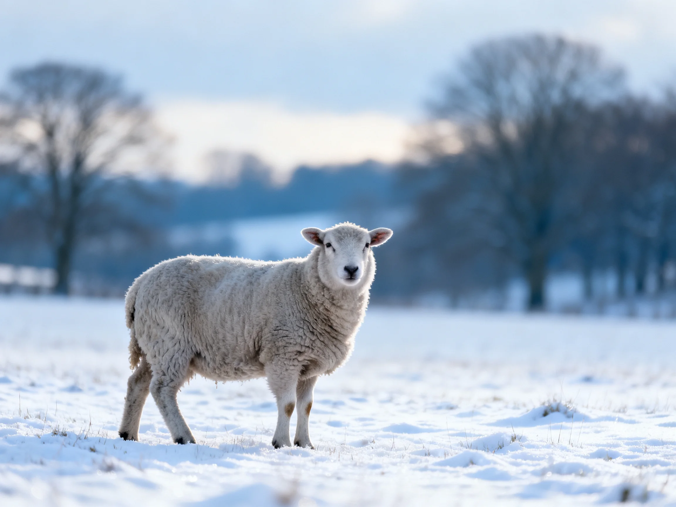 A fluffy white lamb in a snow-covered open field