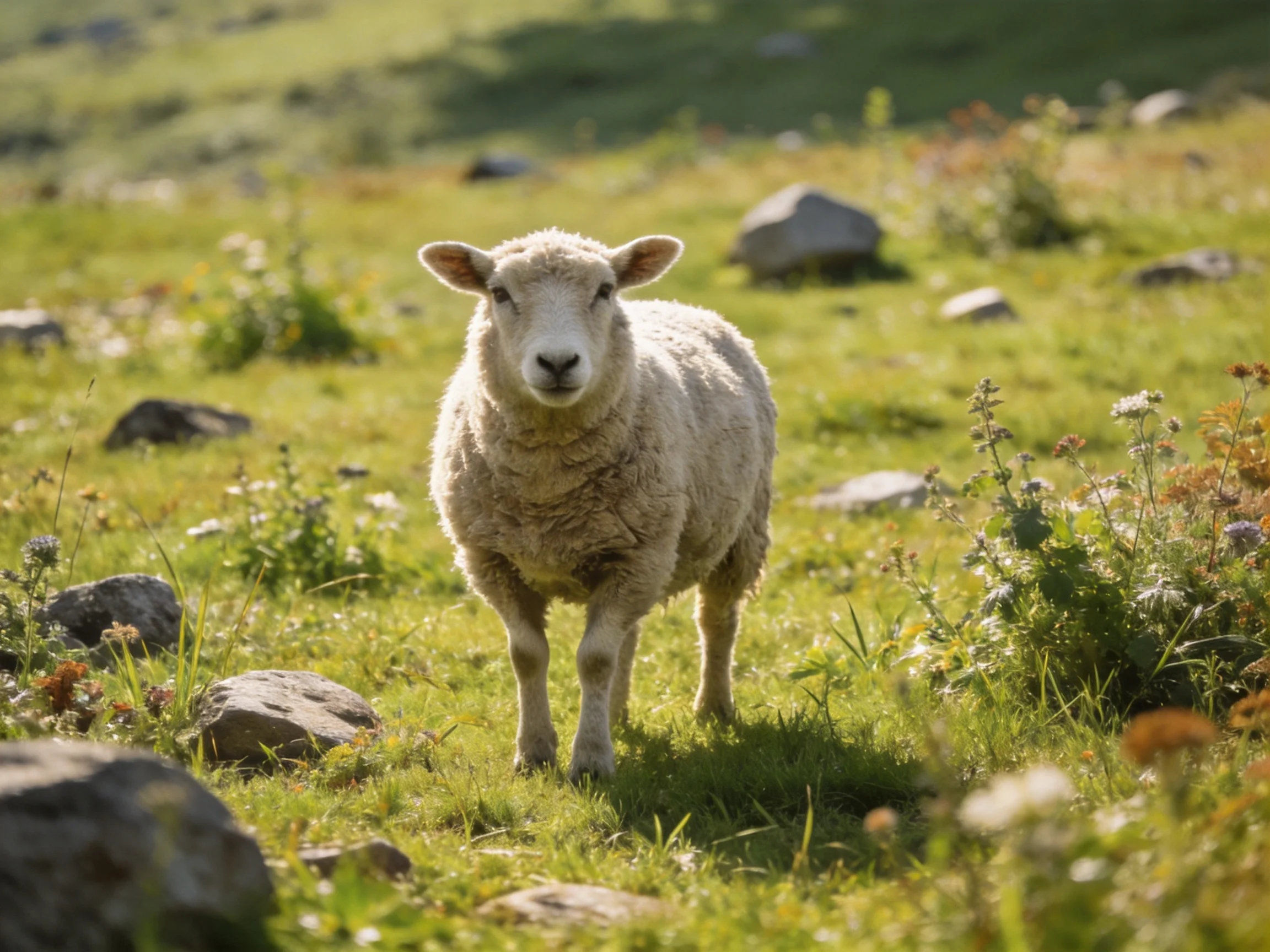 A fluffy white lamb in a sun-dappled rocky meadow