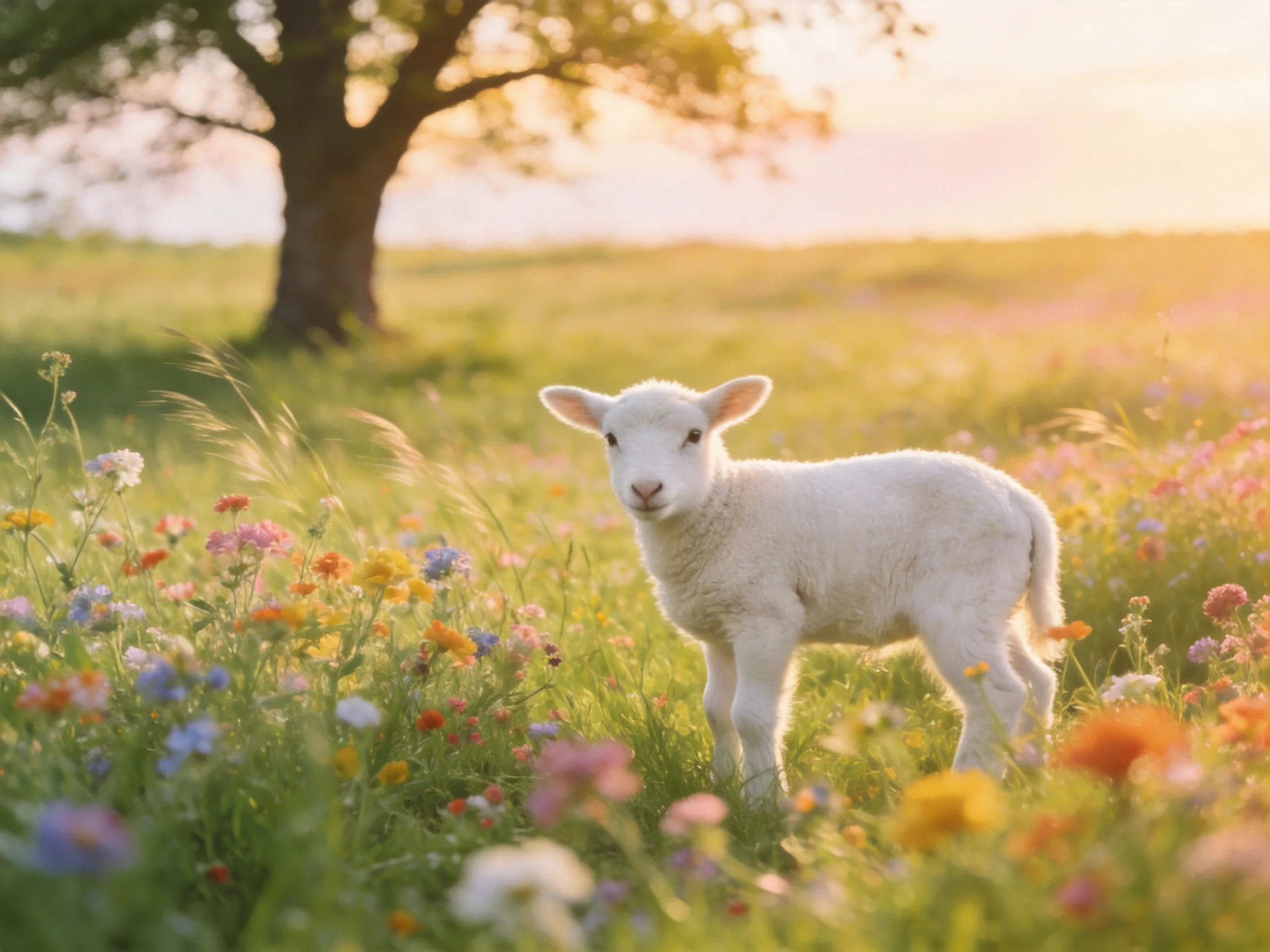 A fluffy white lamb in a sun-drenched flower-filled meadow near a large tree