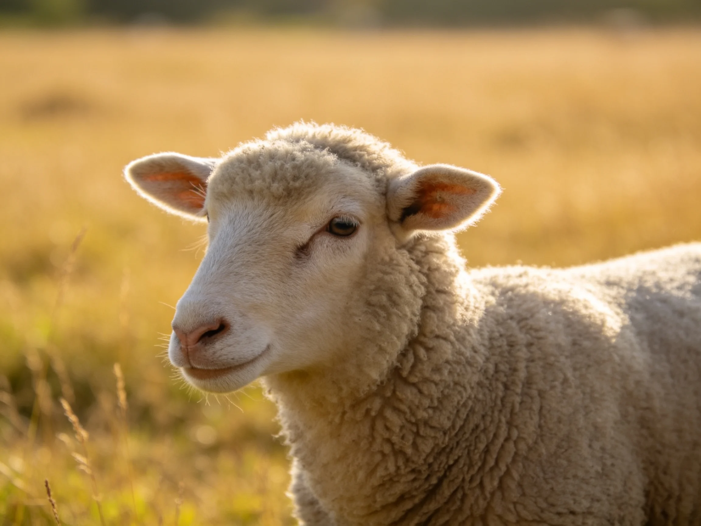 A fluffy white lamb in a sun-drenched golden field