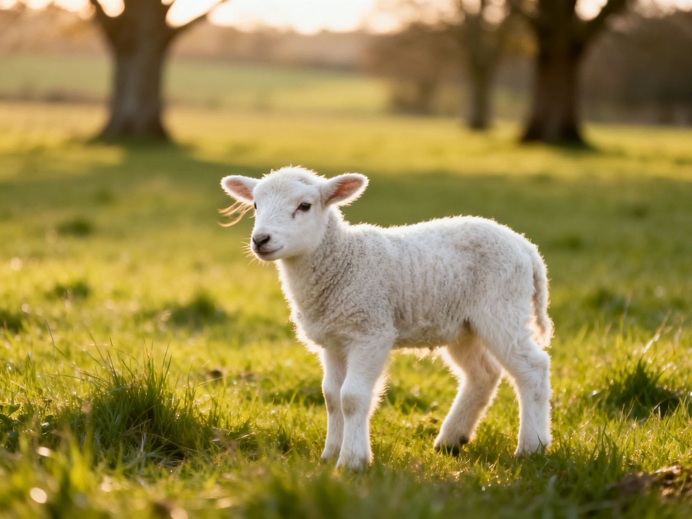 A fluffy white lamb in a sun-drenched green pasture