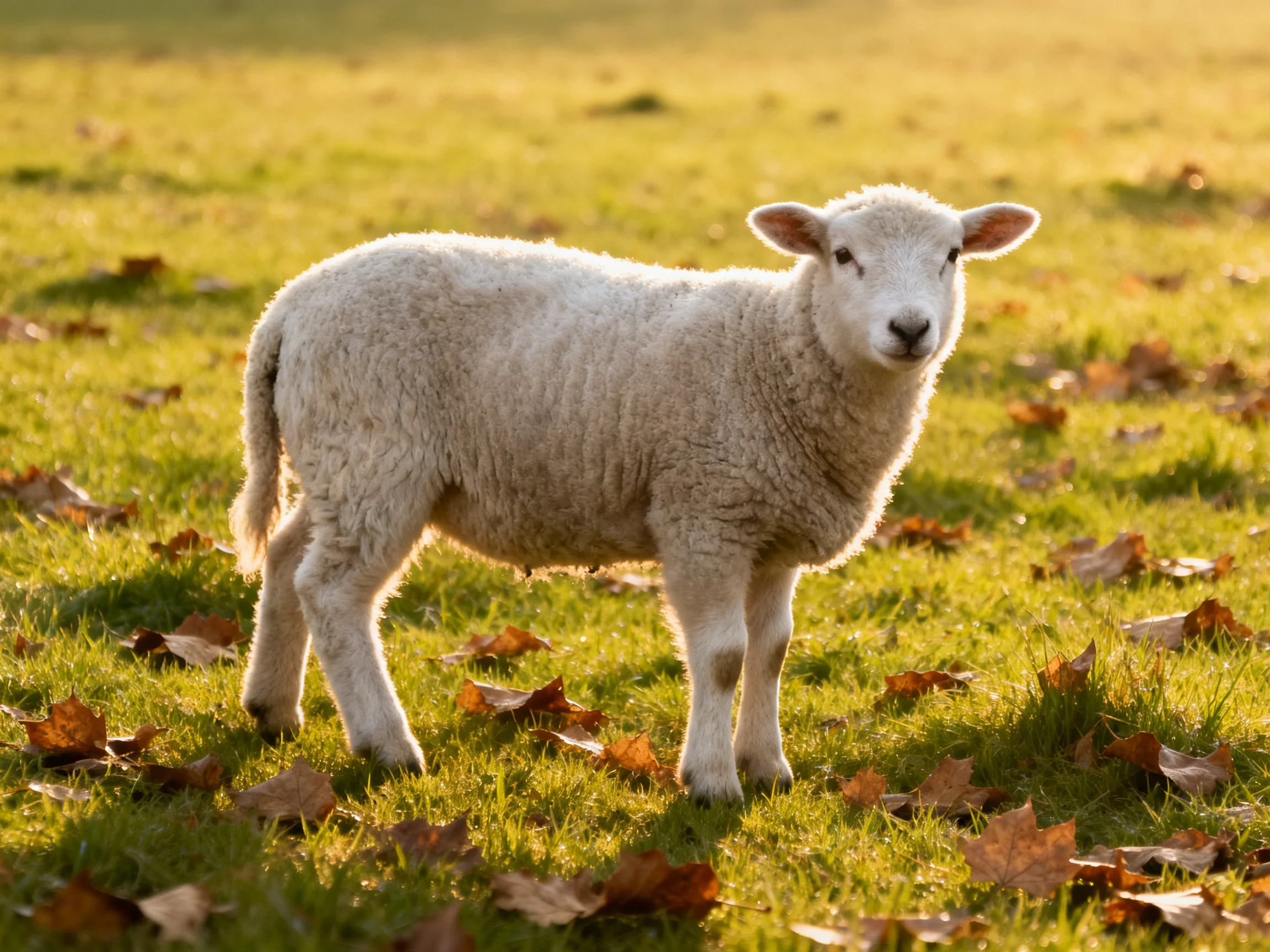 A fluffy white lamb in a sunlit autumn meadow