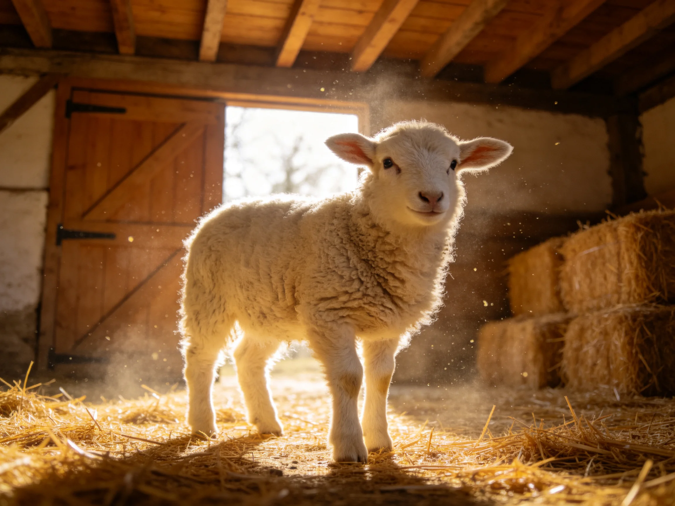A fluffy white lamb in a sunlit barn with golden hay