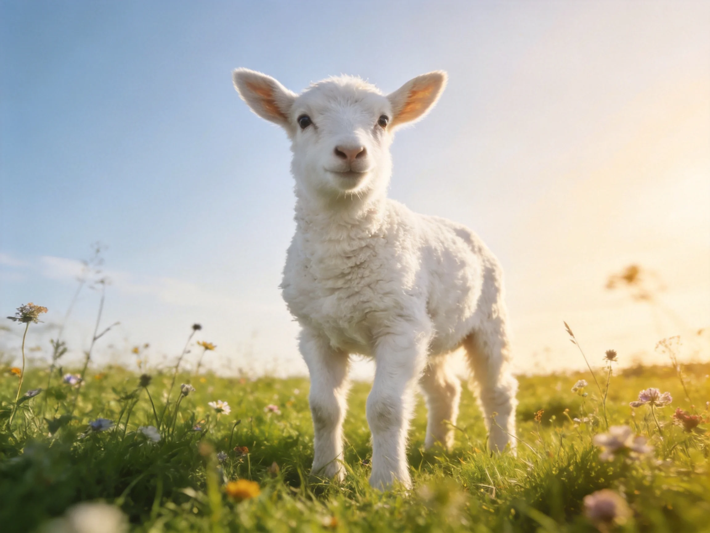 A fluffy white lamb in a sunlit flower-dotted meadow