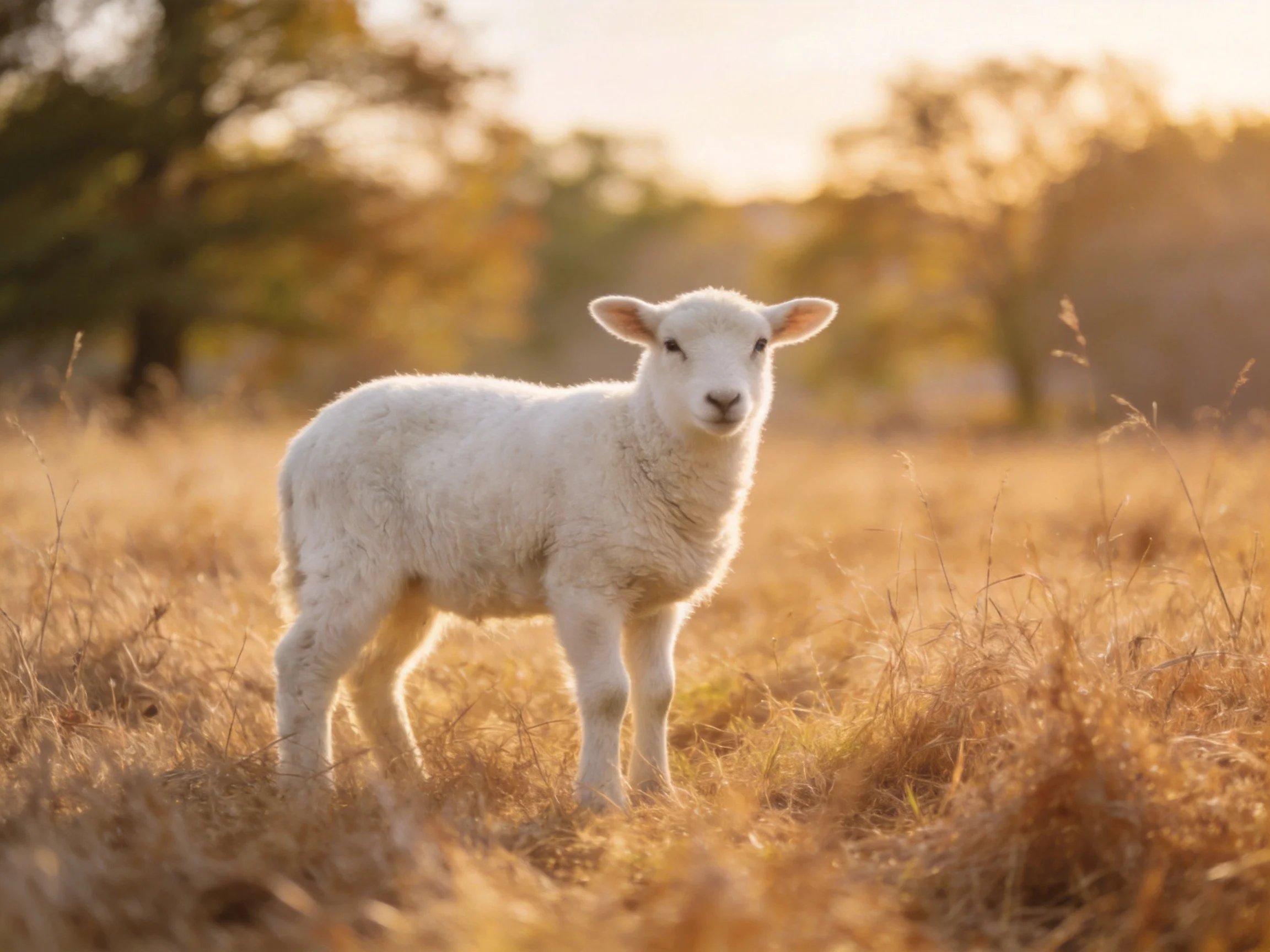 A young sheep stands in a sunlit golden meadow with blurred trees.