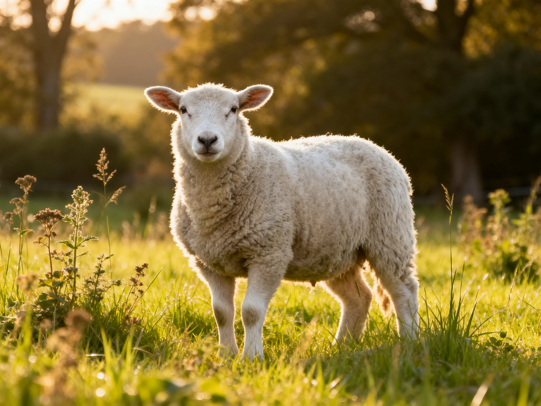 A fluffy white lamb in a sunlit grassy field with wildflowers