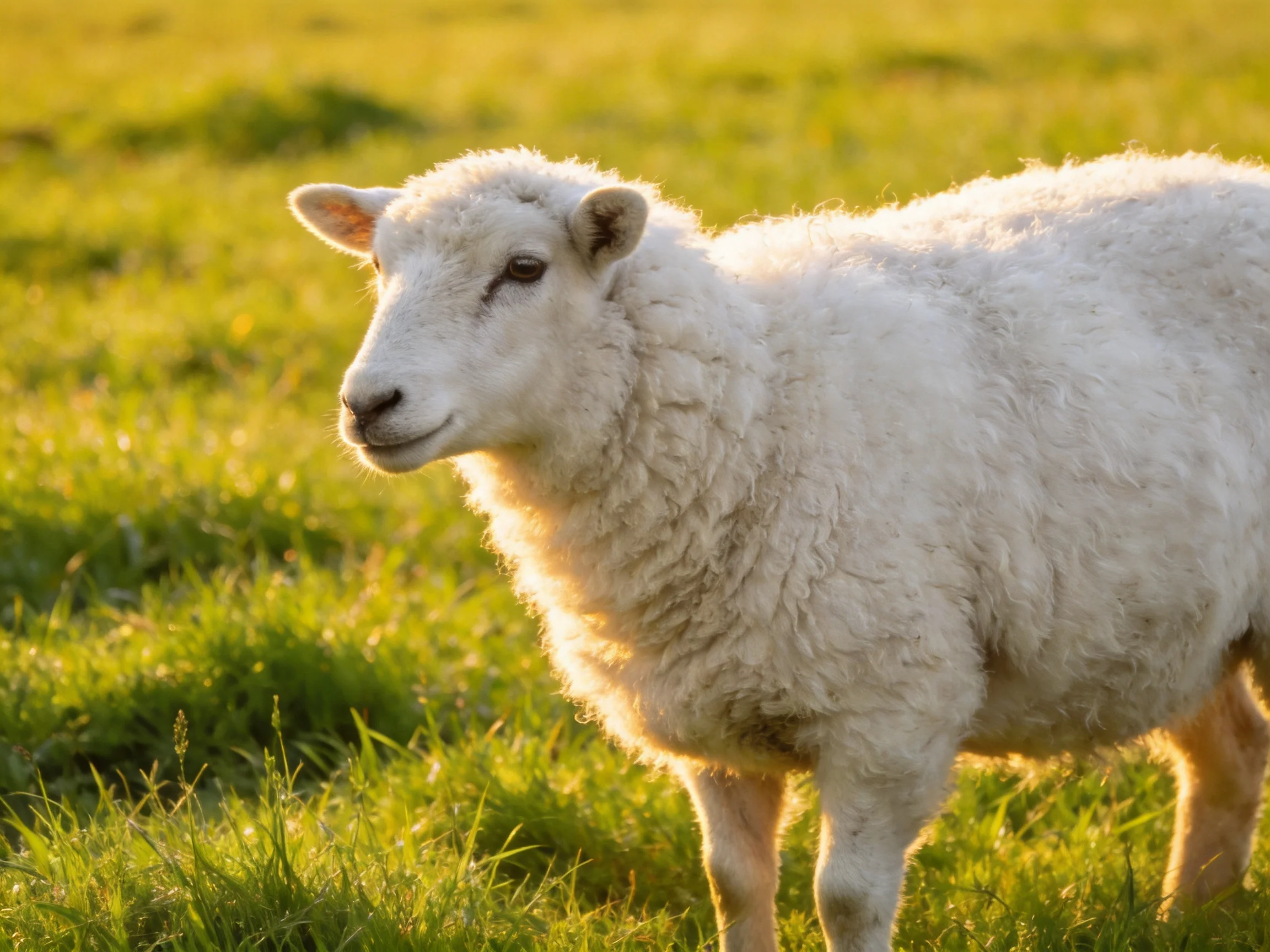 A fluffy white lamb stands in a sunlit green meadow.