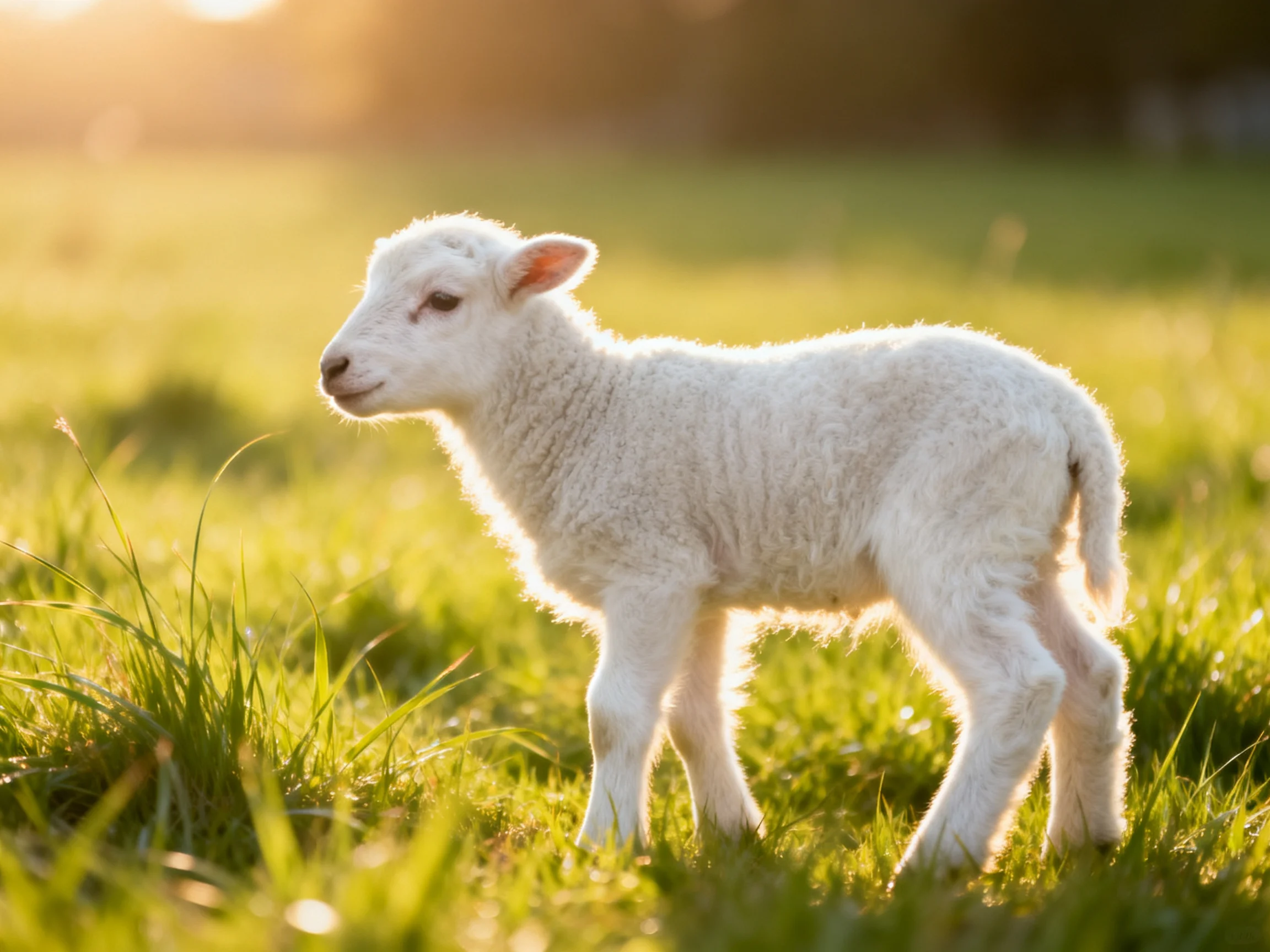 A fluffy white lamb in a sunlit green meadow