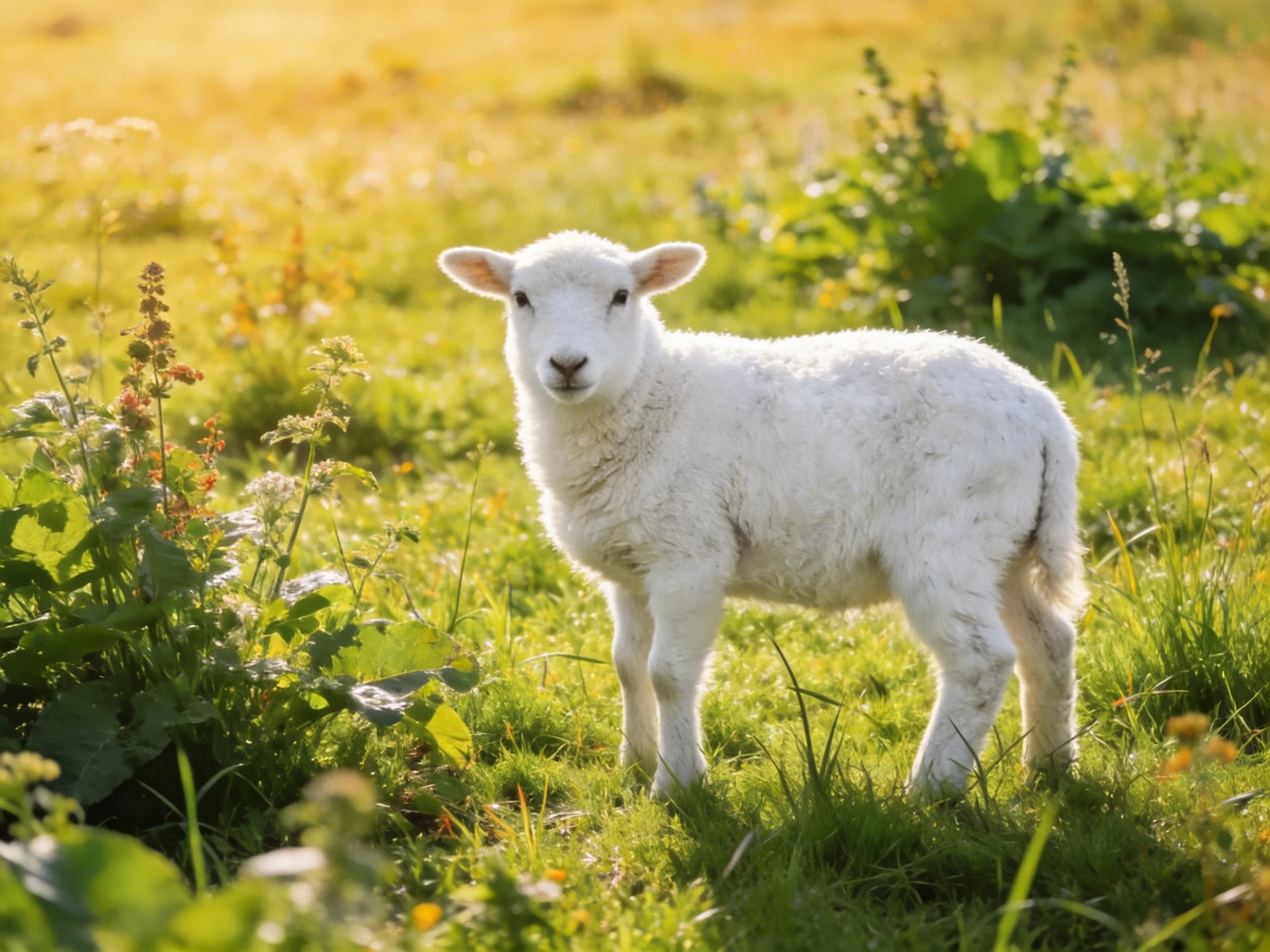 A young white lamb stands in a sun-drenched grassy field with surrounding vegetation.