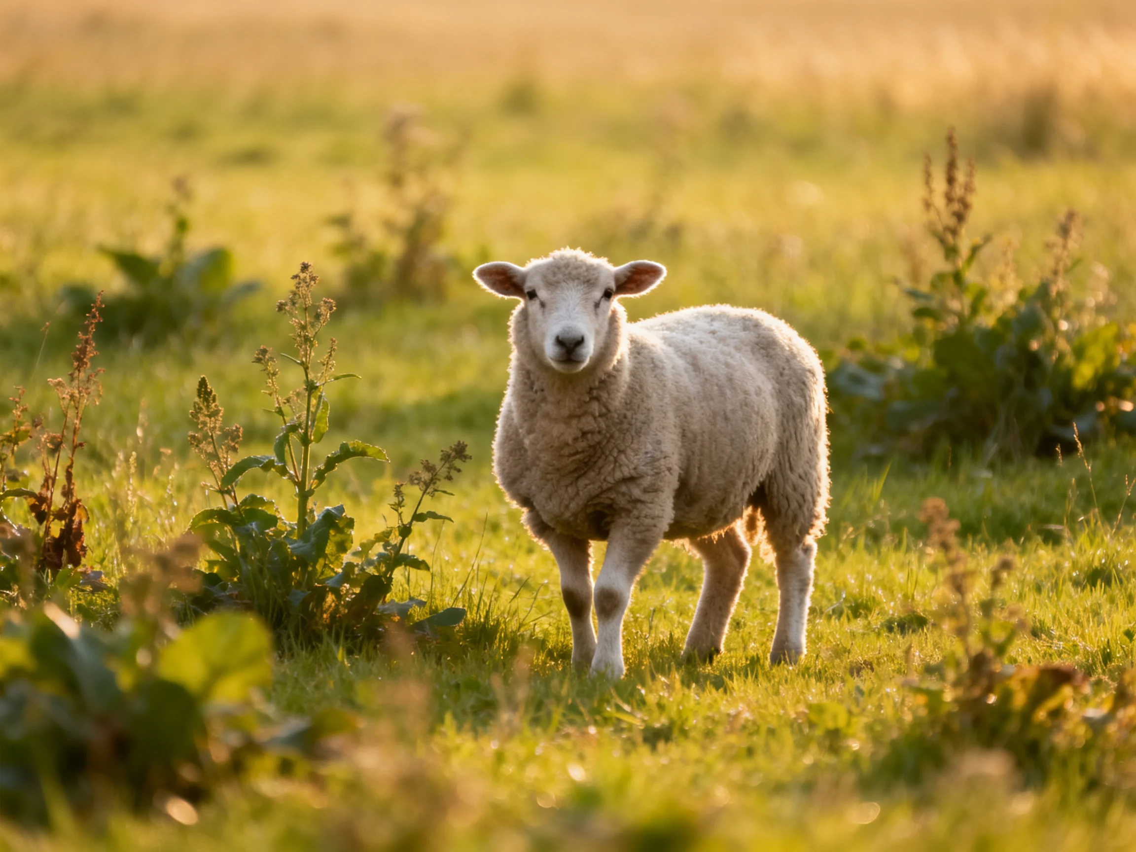 A white lamb stands in a sunlit meadow with vegetation.