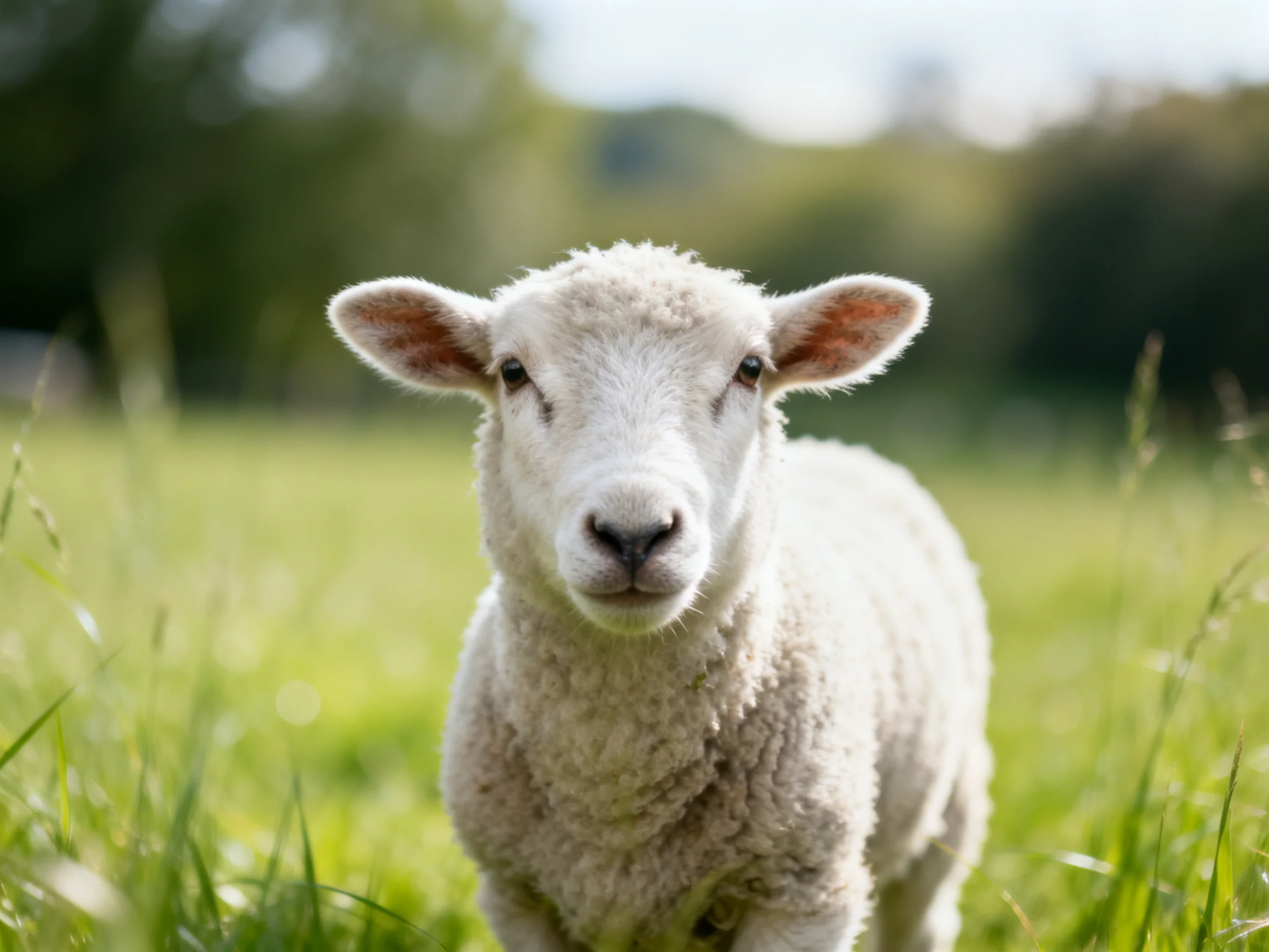 A fluffy white lamb in a sunlit green meadow