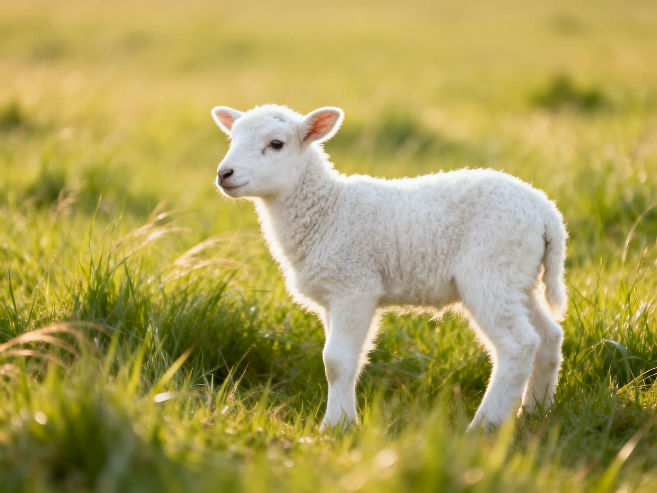 A young white lamb stands serenely in a sunlit green meadow.