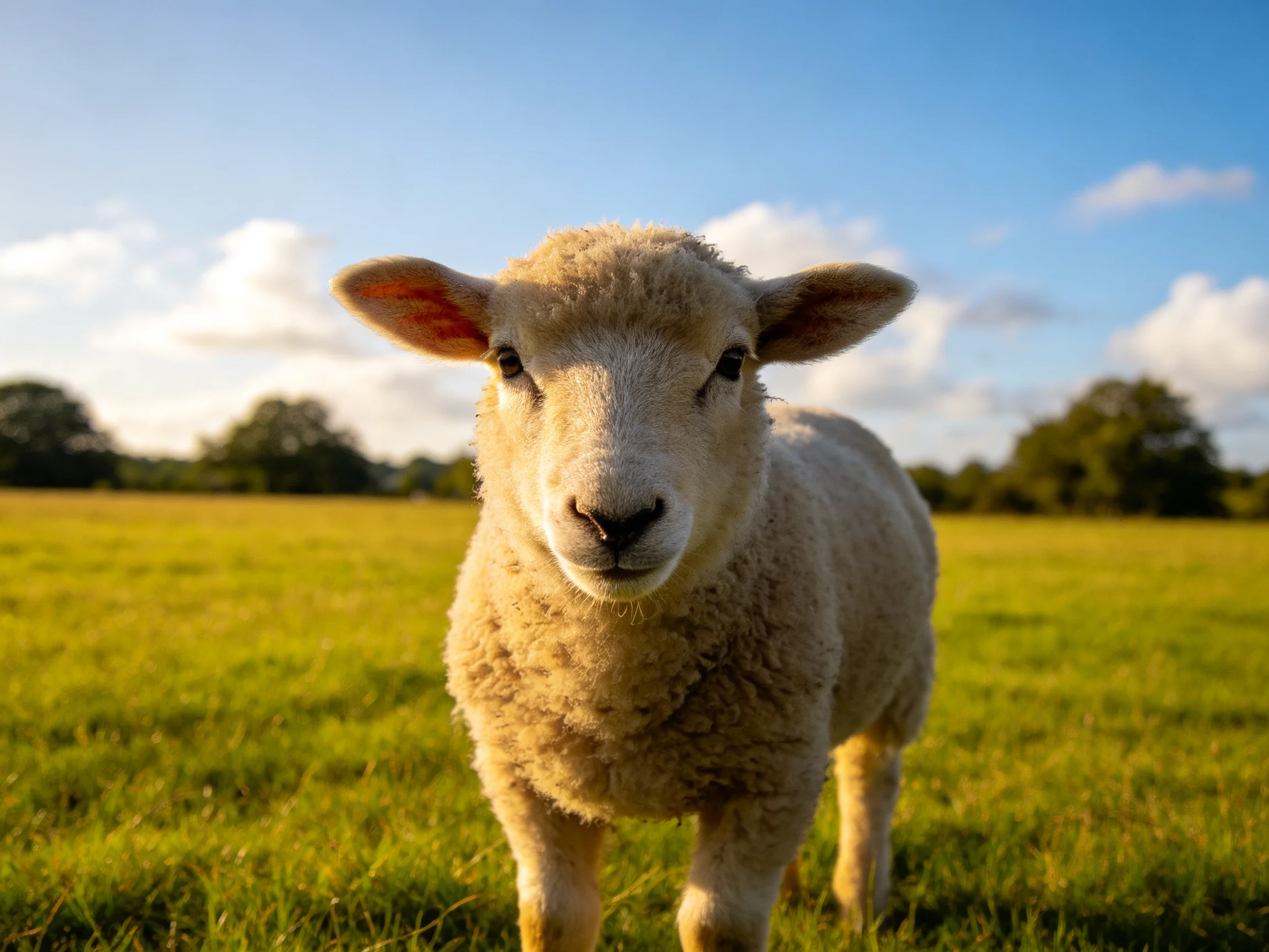 A fluffy white lamb in a sunlit green meadow with blue sky