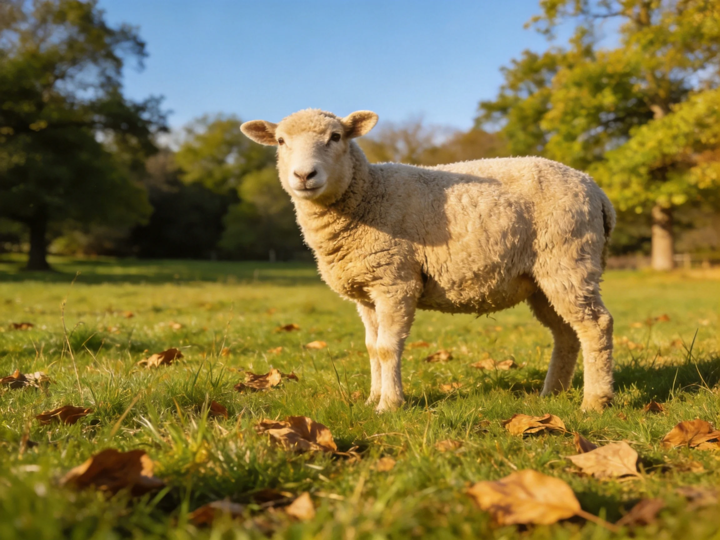 A single white lamb stands in a sunlit meadow with scattered leaves.