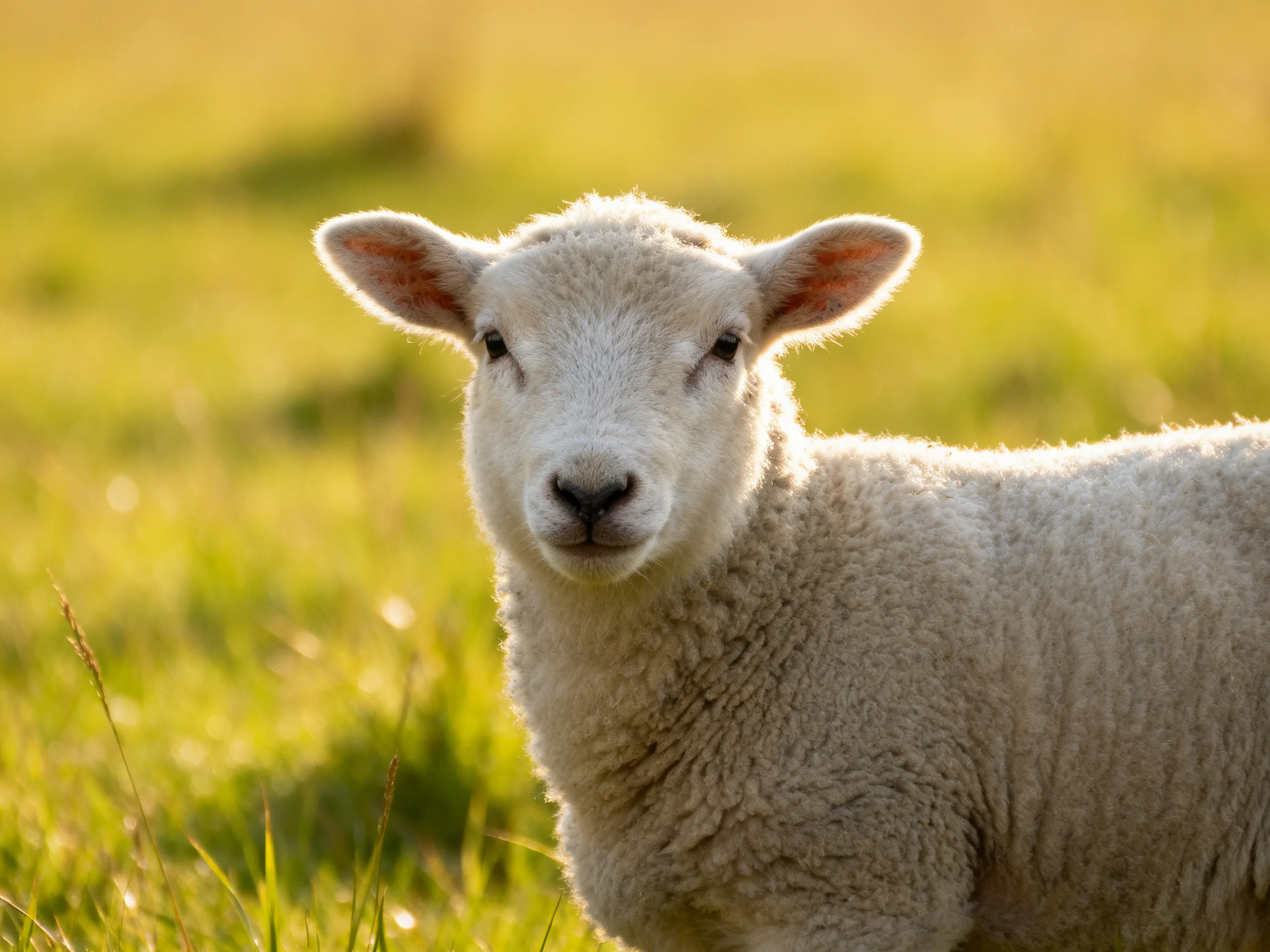 A fluffy white lamb looks directly at the camera in a sunlit meadow.