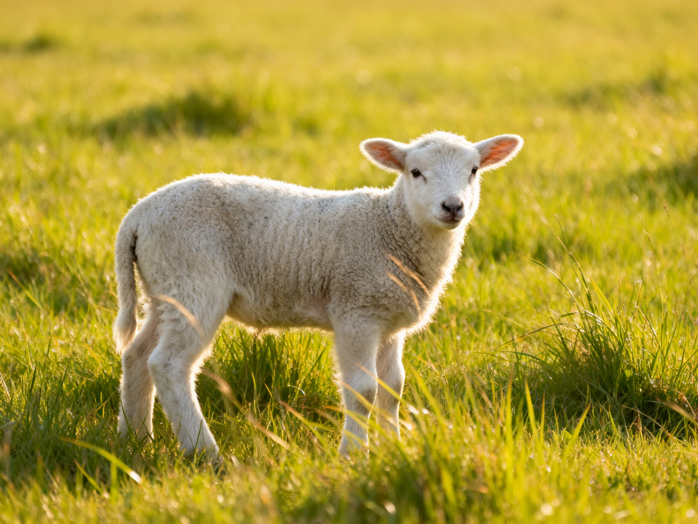 A young sheep stands in a sunlit green meadow.