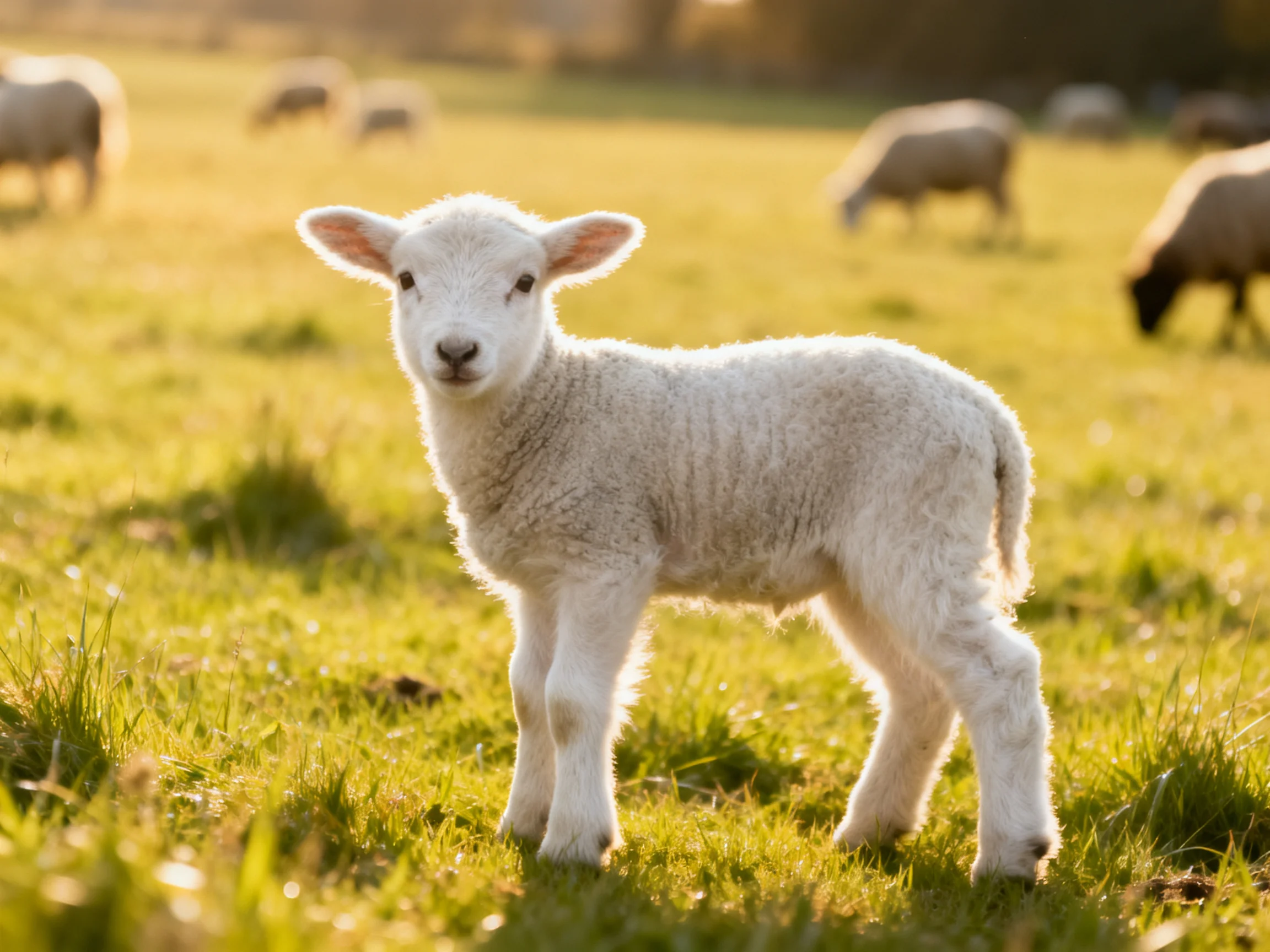 A young white lamb stands in a sunlit pasture with grazing sheep.