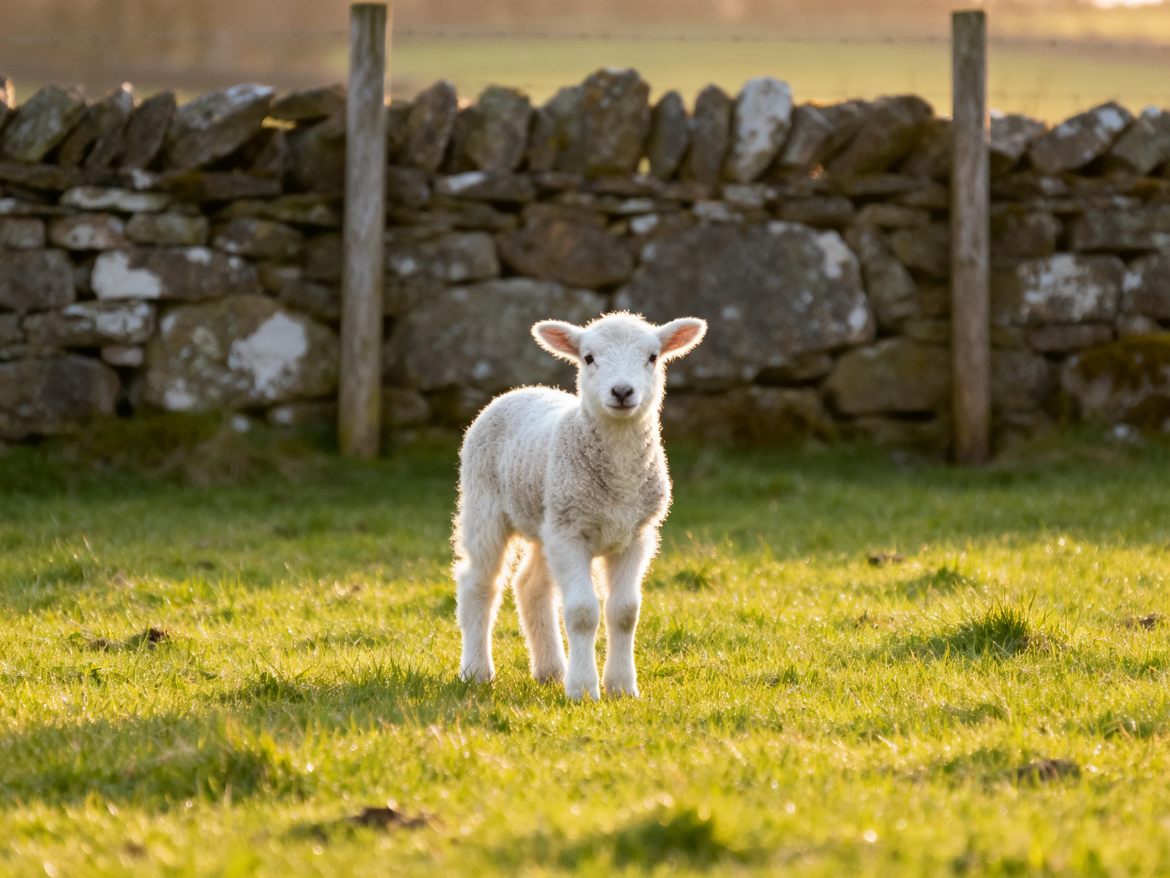 A small white lamb stands alone in a sunlit green field beside a stone wall.
