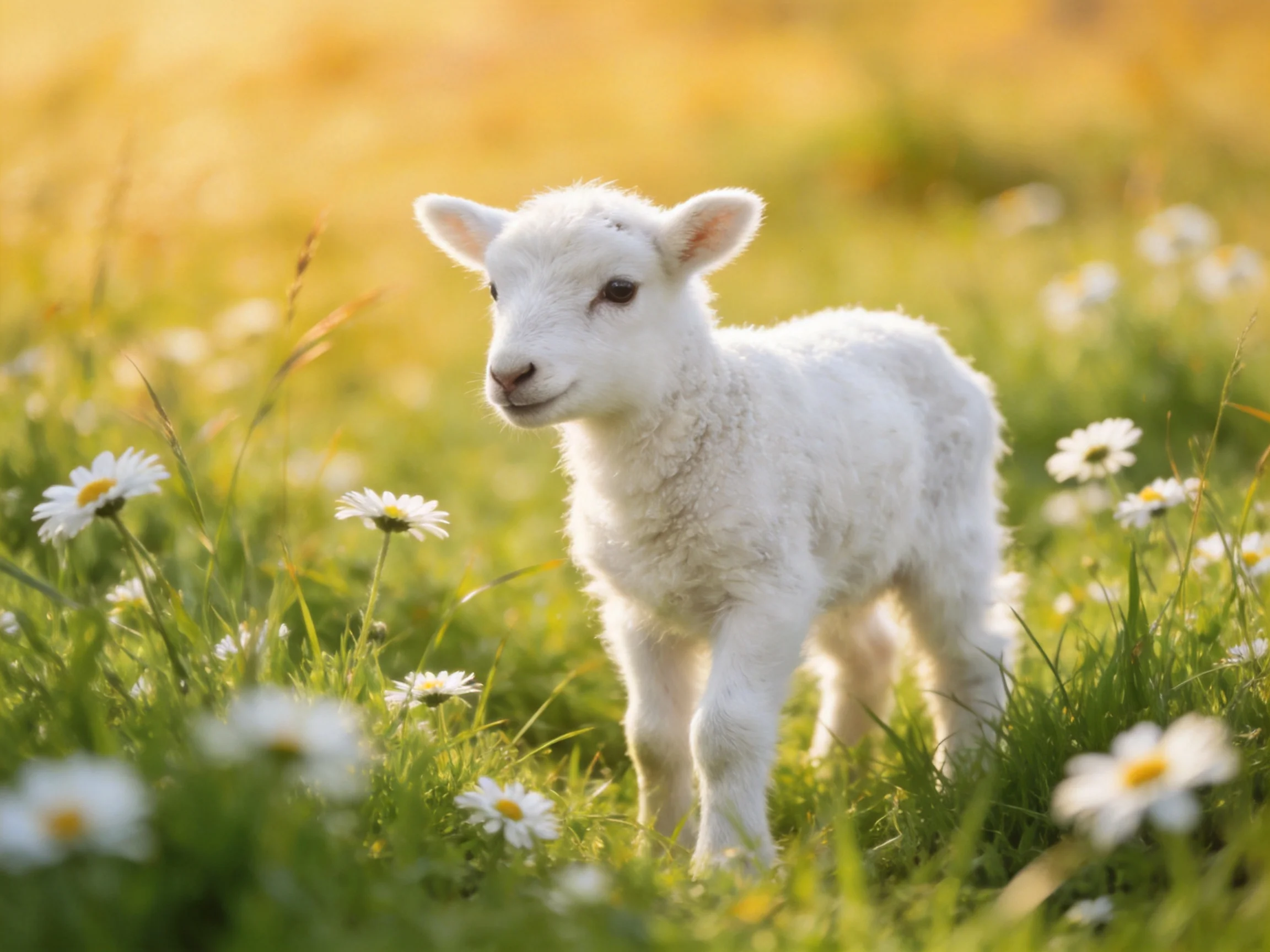 A fluffy white lamb in a sunlit meadow of green grass and daisies