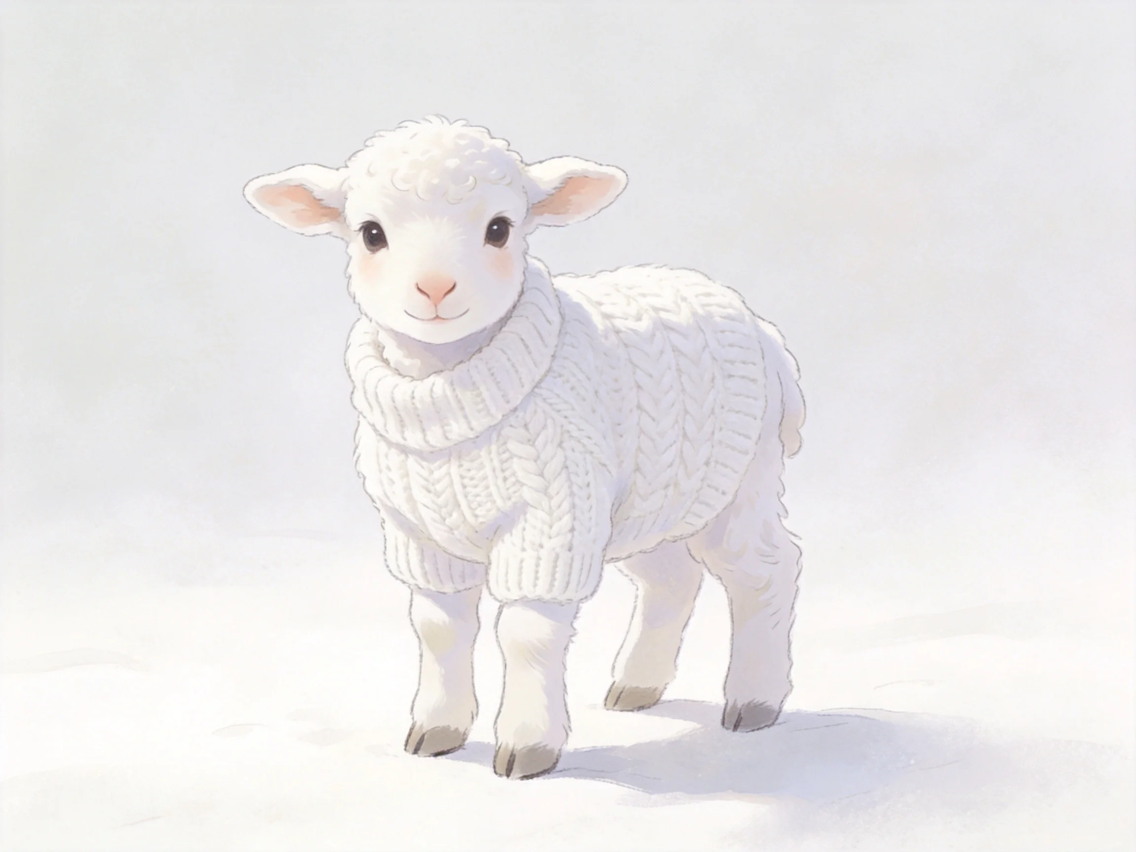 A fluffy white lamb in a thick knitted sweater