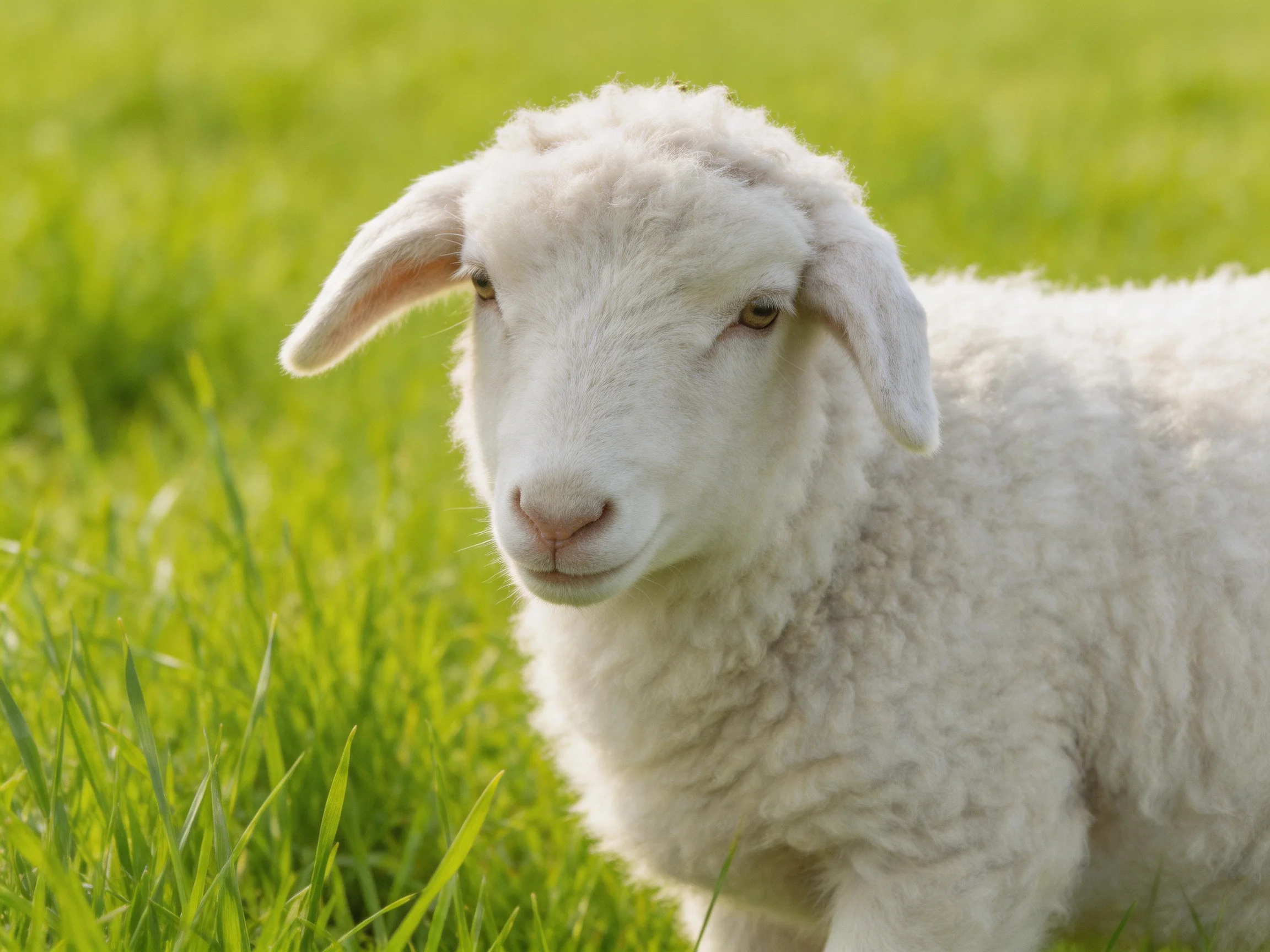 A fluffy white lamb in a verdant meadow