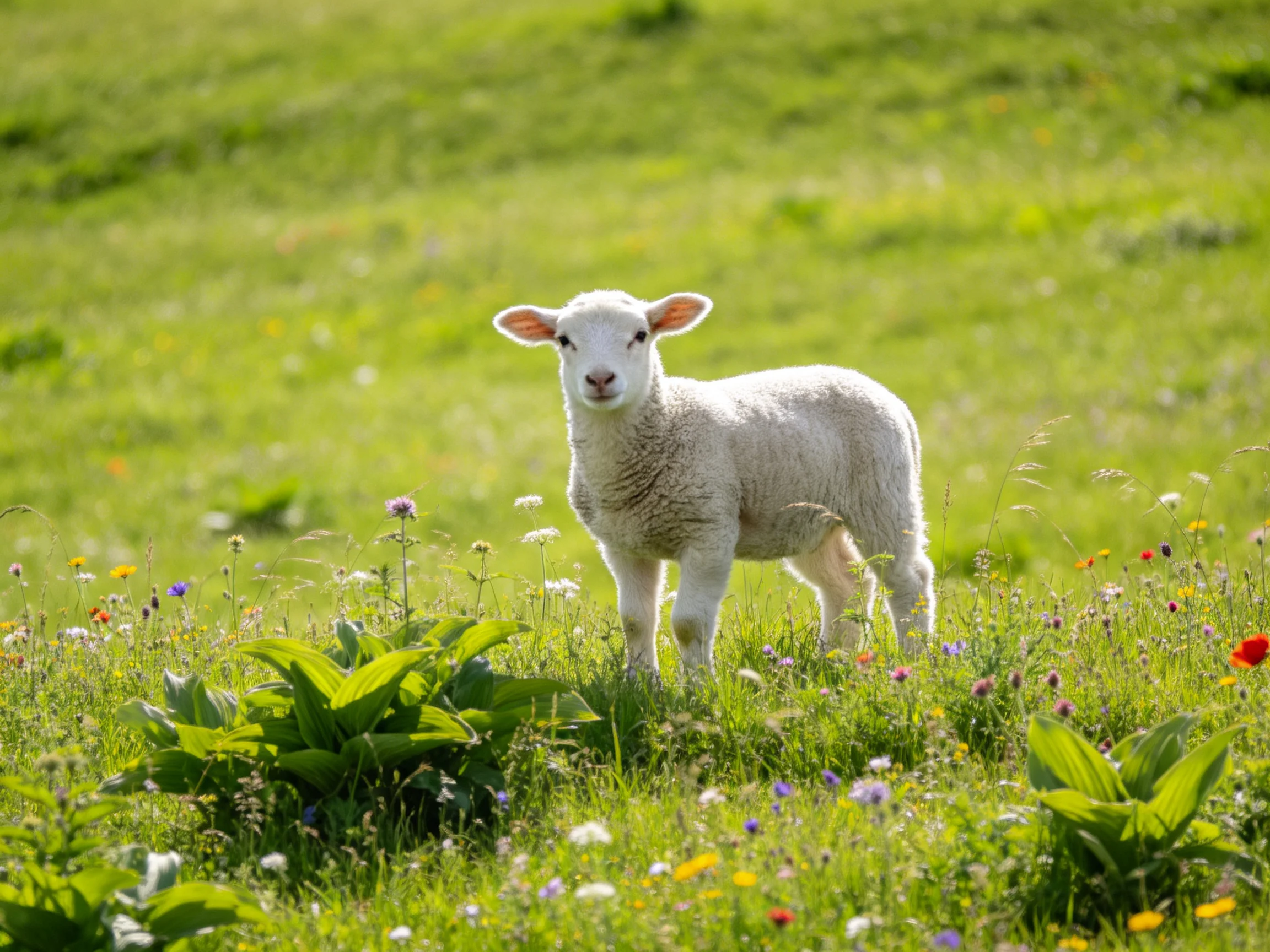 A lamb stands in a flowered green meadow.