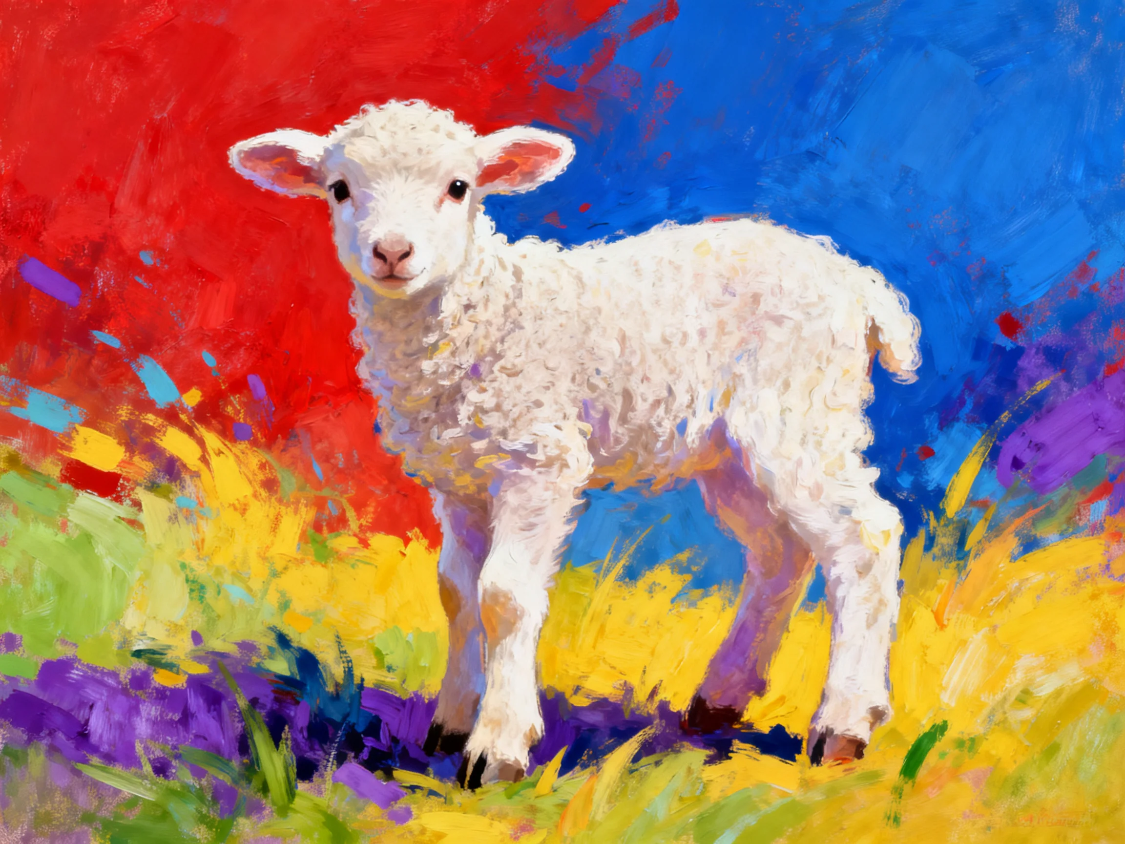 A fluffy white lamb in a vibrantly colored abstract landscape