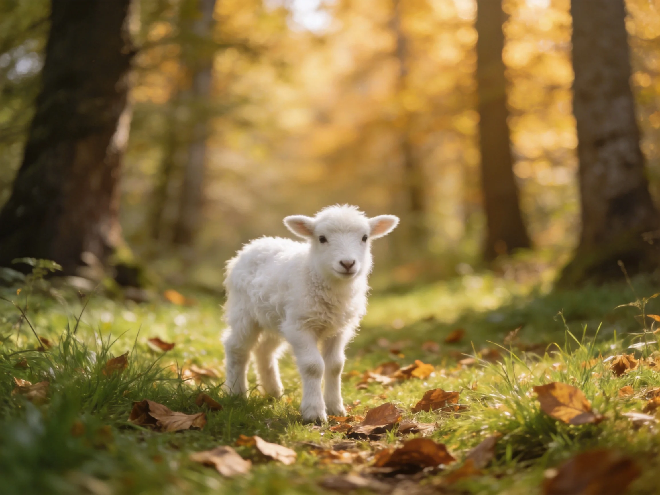 A fluffy white lamb in an autumn forest bathed in golden light