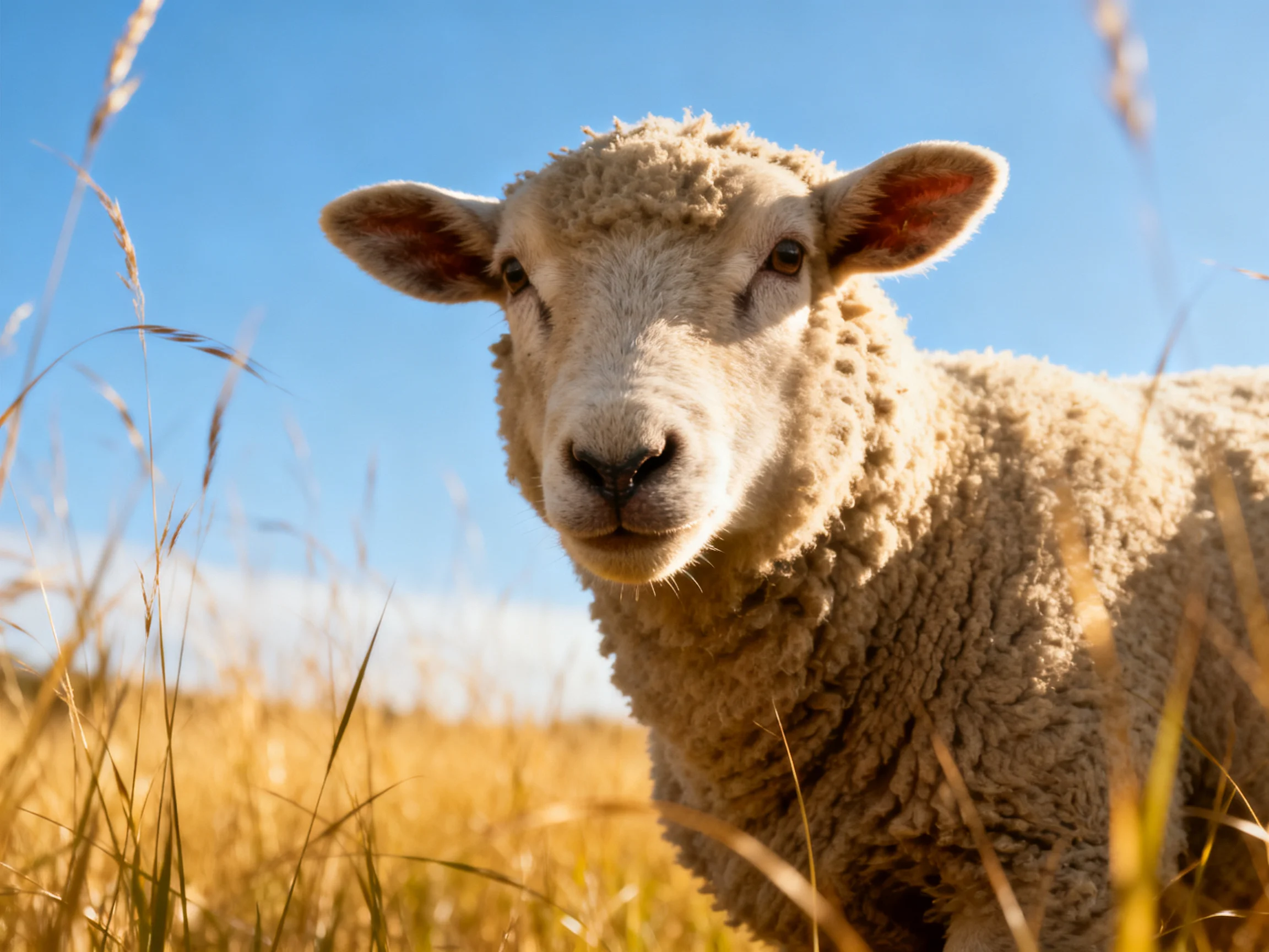 A fluffy white lamb in golden grasses beneath clear blue sky